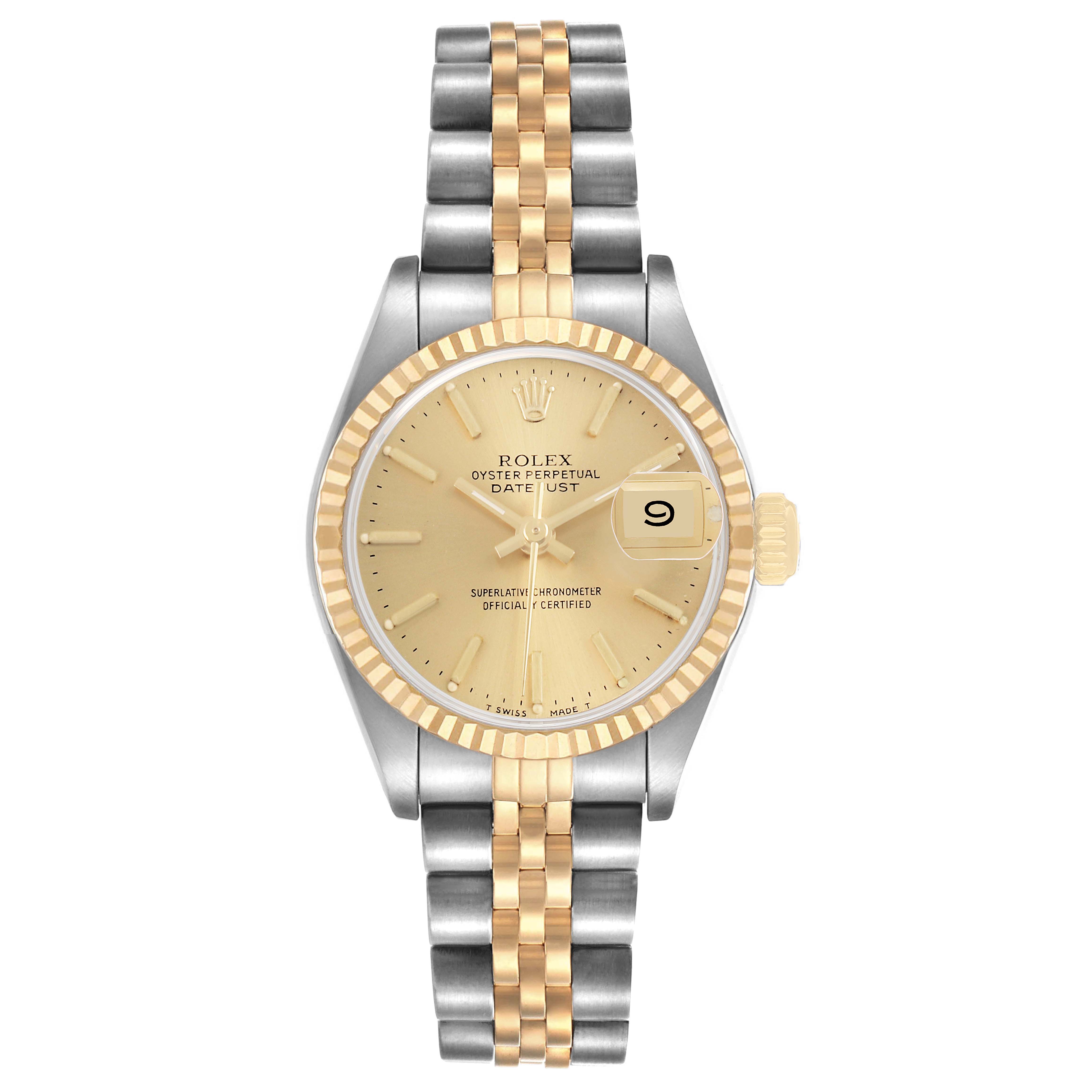 The Rolex Datejust 69173 Women's Steel and Gold (two tone) Champagne Dial watch is shown from a top-down view, displaying the dial, bezel, crown, and bracelet.