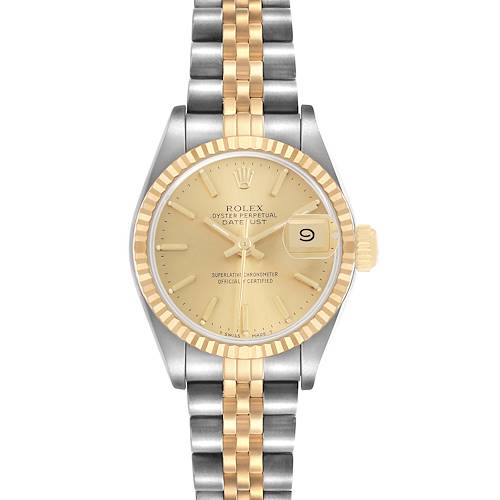 The image shows a Rolex Datejust 69173 Women's Steel and Gold (two tone) Champagne Dial watch from a frontal view, highlighting the gold and silver Jubilee bracelet, fluted bezel, and date window.