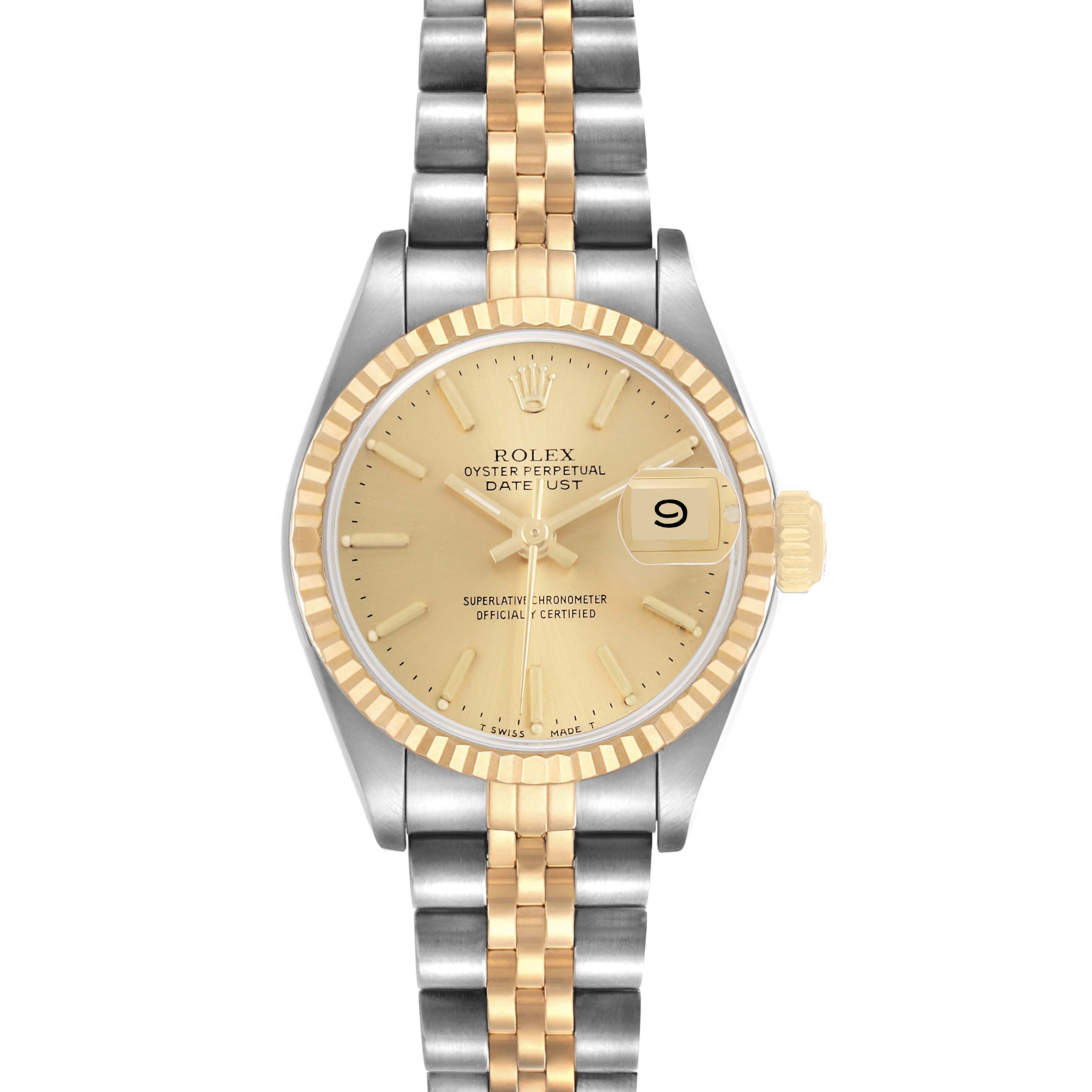 The image shows a Rolex Datejust 69173 Women's Steel and Gold (two tone) Champagne Dial watch from a front angle, highlighting the bezel, dial, hands, date display, and Jubilee bracelet.