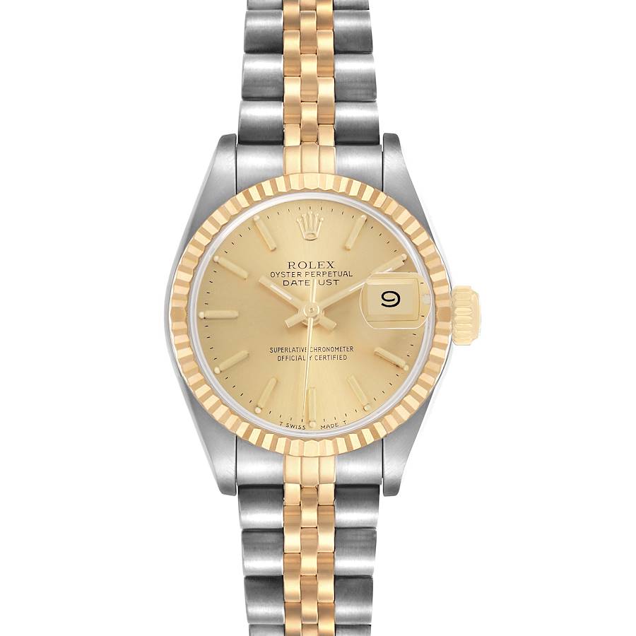 The image shows a Rolex Datejust 69173 Women's Steel and Gold (two tone) Champagne Dial watch from a front angle, highlighting the bezel, dial, hands, date display, and Jubilee bracelet.