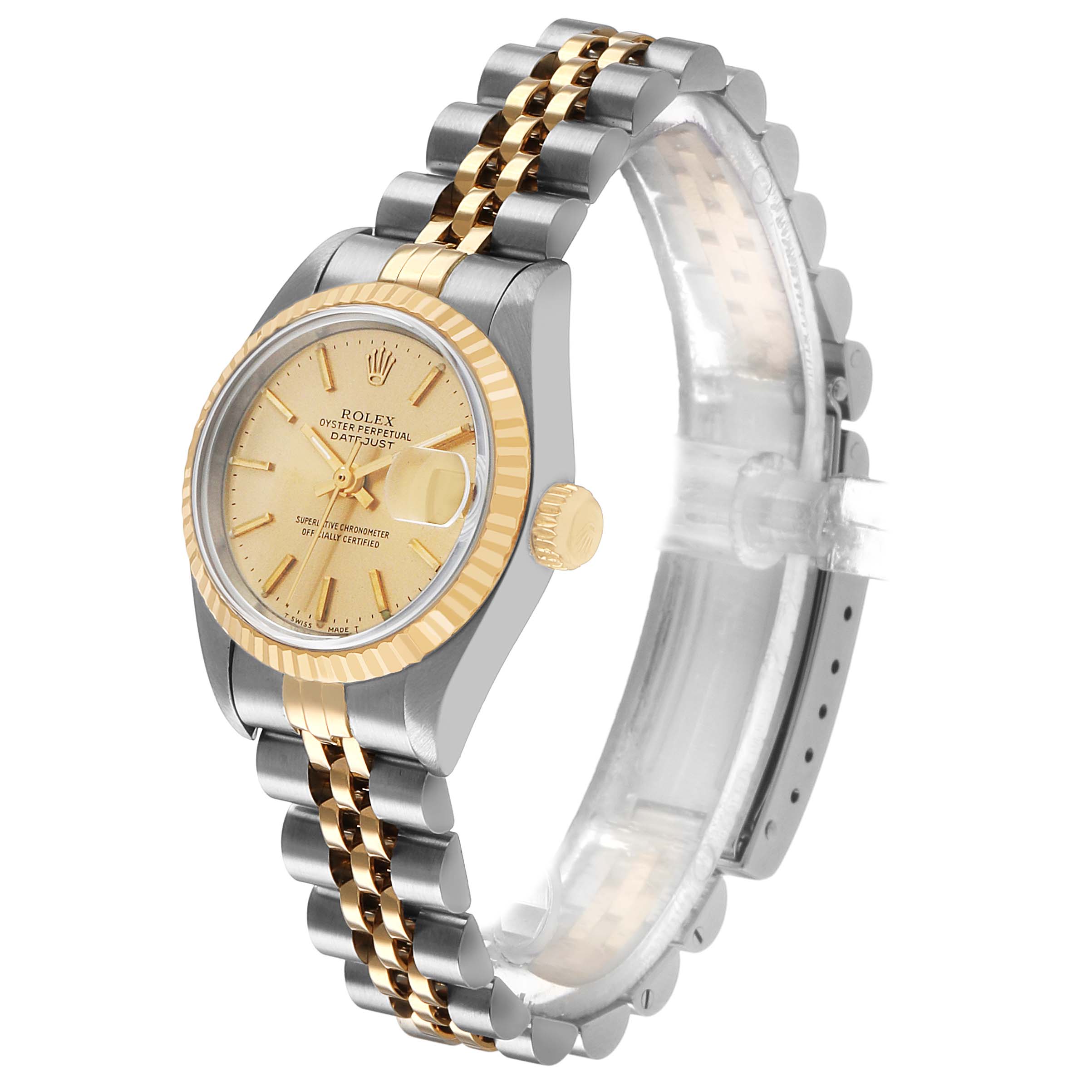 The Rolex Datejust 69173 Women's Steel and Gold (two tone) Champagne Dial is shown at a three-quarter side angle, highlighting the face, bezel, crown, and two-tone bracelet.