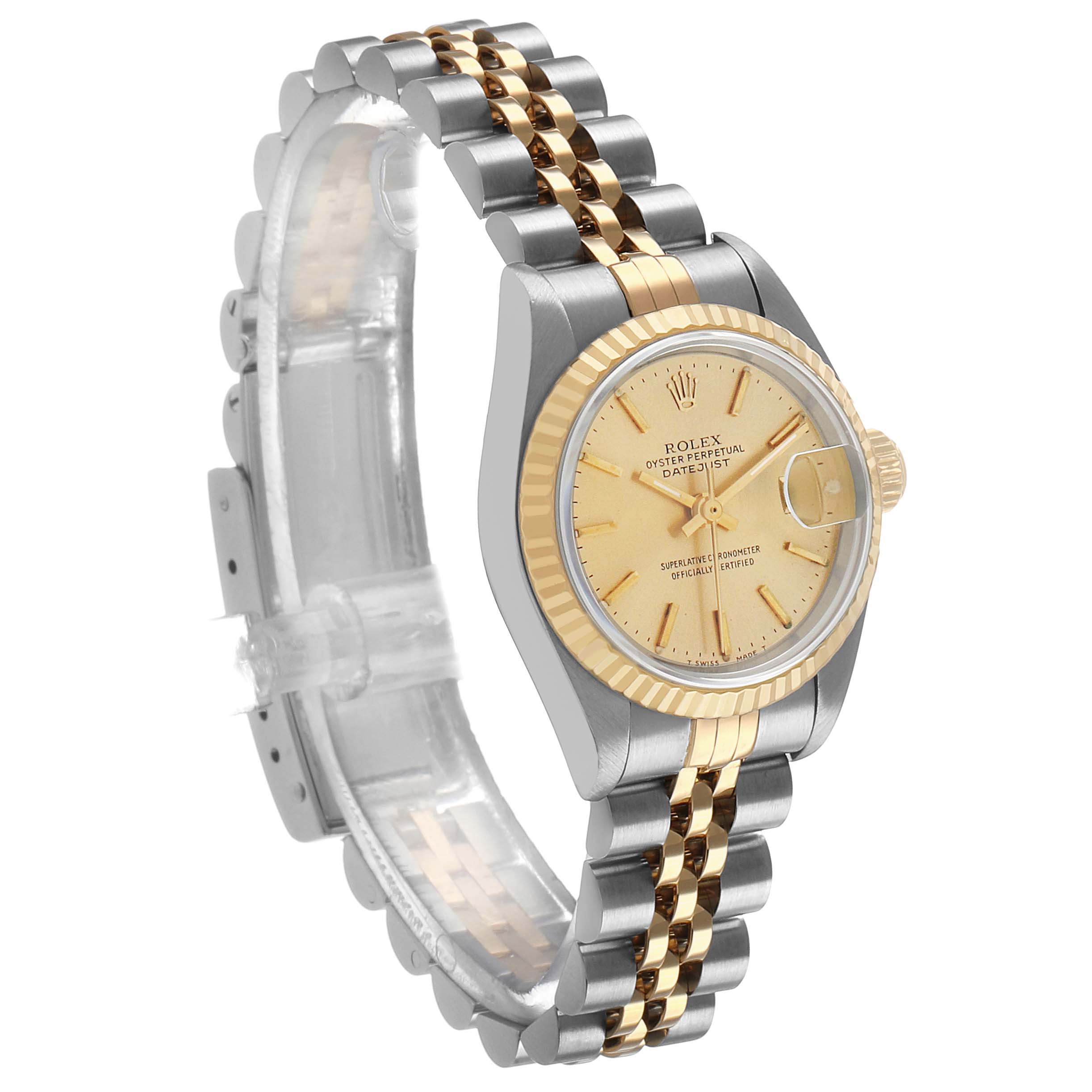The Rolex Datejust 69173 Women's Steel and Gold (two tone) Champagne Dial watch is shown at an angled side view, highlighting its two-tone bracelet and fluted bezel.