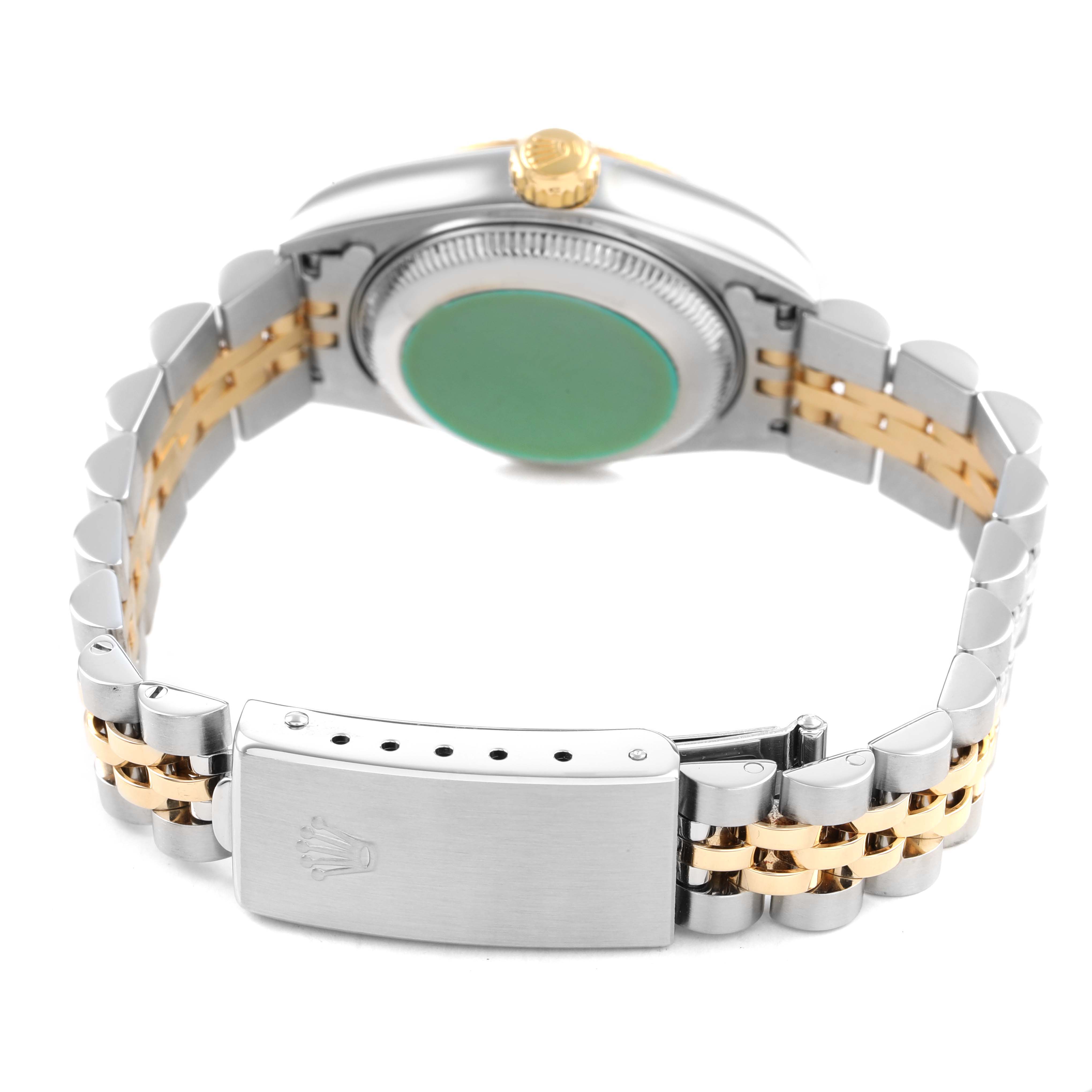 The image shows the back and the clasp of a Rolex Datejust 79173 Women's Steel and Gold (two tone) Champagne Dial watch, highlighting the bracelet and crown.
