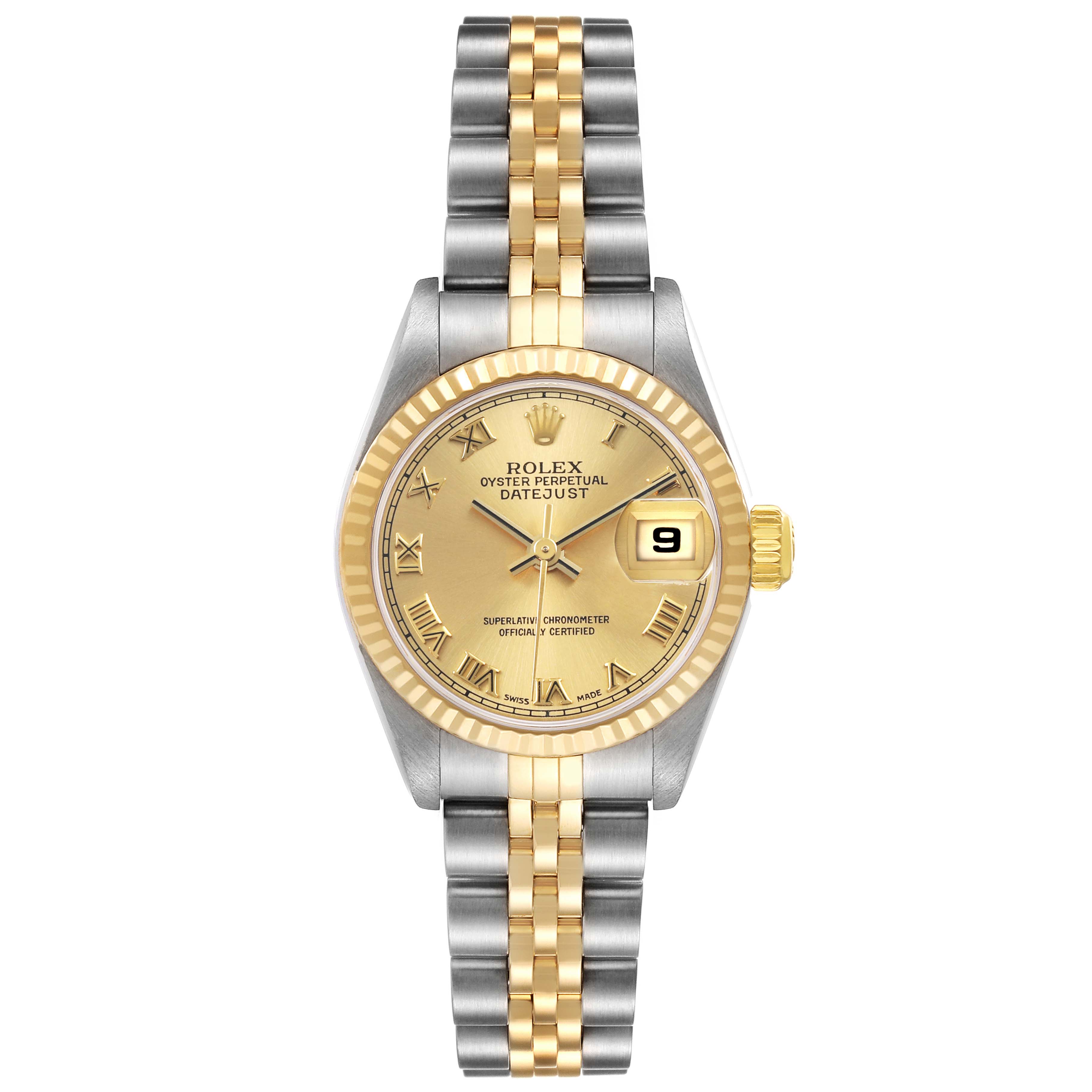 The Rolex Datejust 79173 Women's Steel and Gold (two tone) Champagne Dial watch is shown from the front, displaying the face, bezel, bracelet, and date feature.