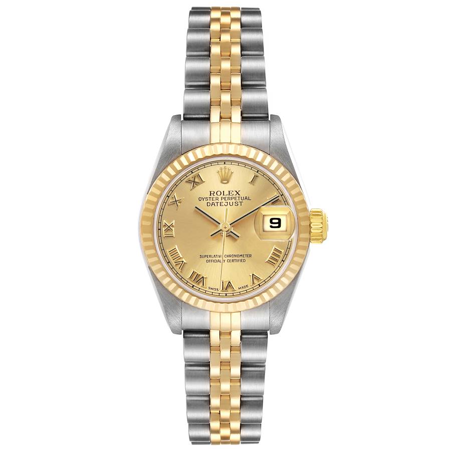 The Rolex Datejust 79173 Women's Steel and Gold (two tone) Champagne Dial watch is shown from the front, displaying the face, bezel, bracelet, and date feature.