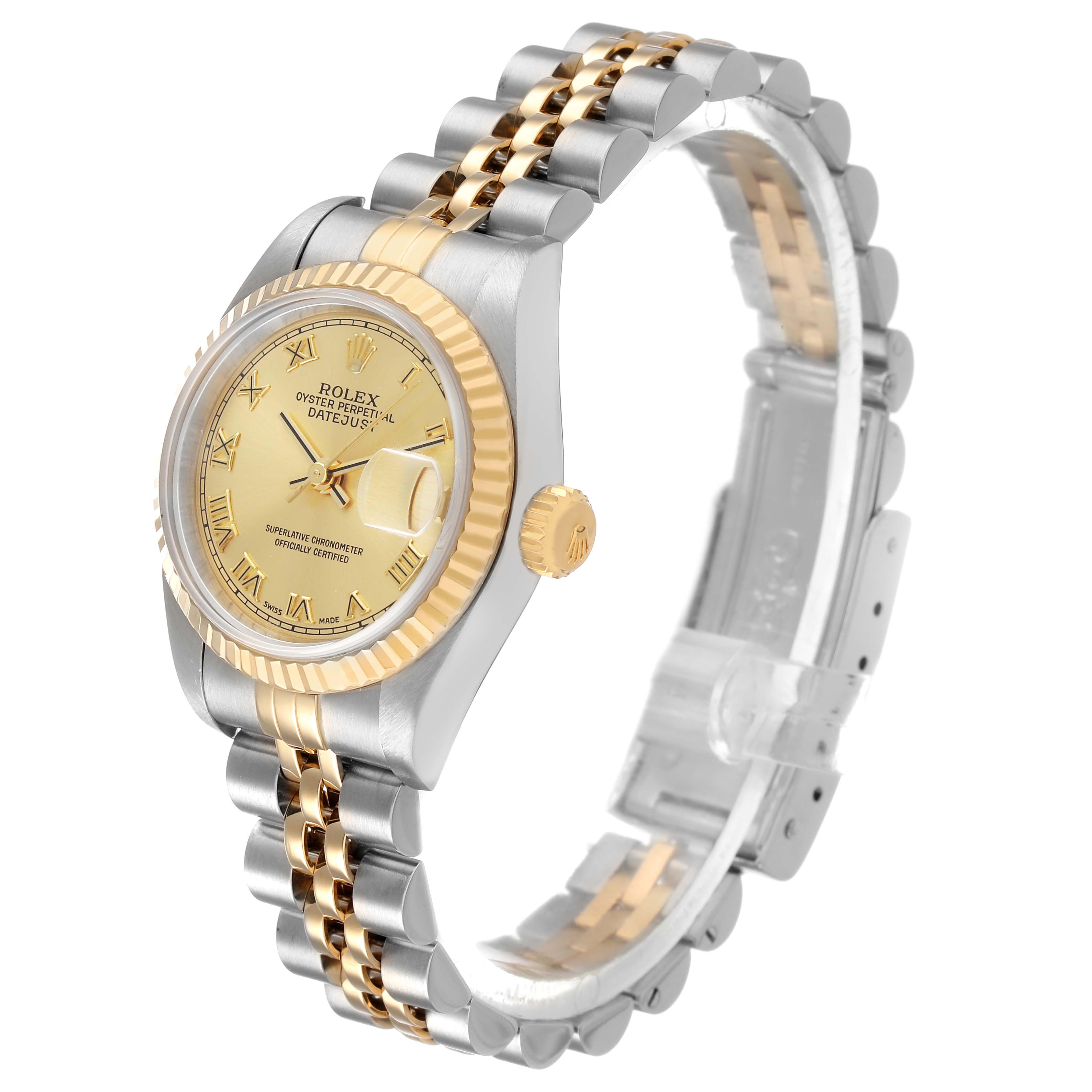 The Rolex Datejust 79173 Women's Steel and Gold (two tone) Champagne Dial watch is shown from a side angle, highlighting the bezel, dial, crown, and Jubilee bracelet.