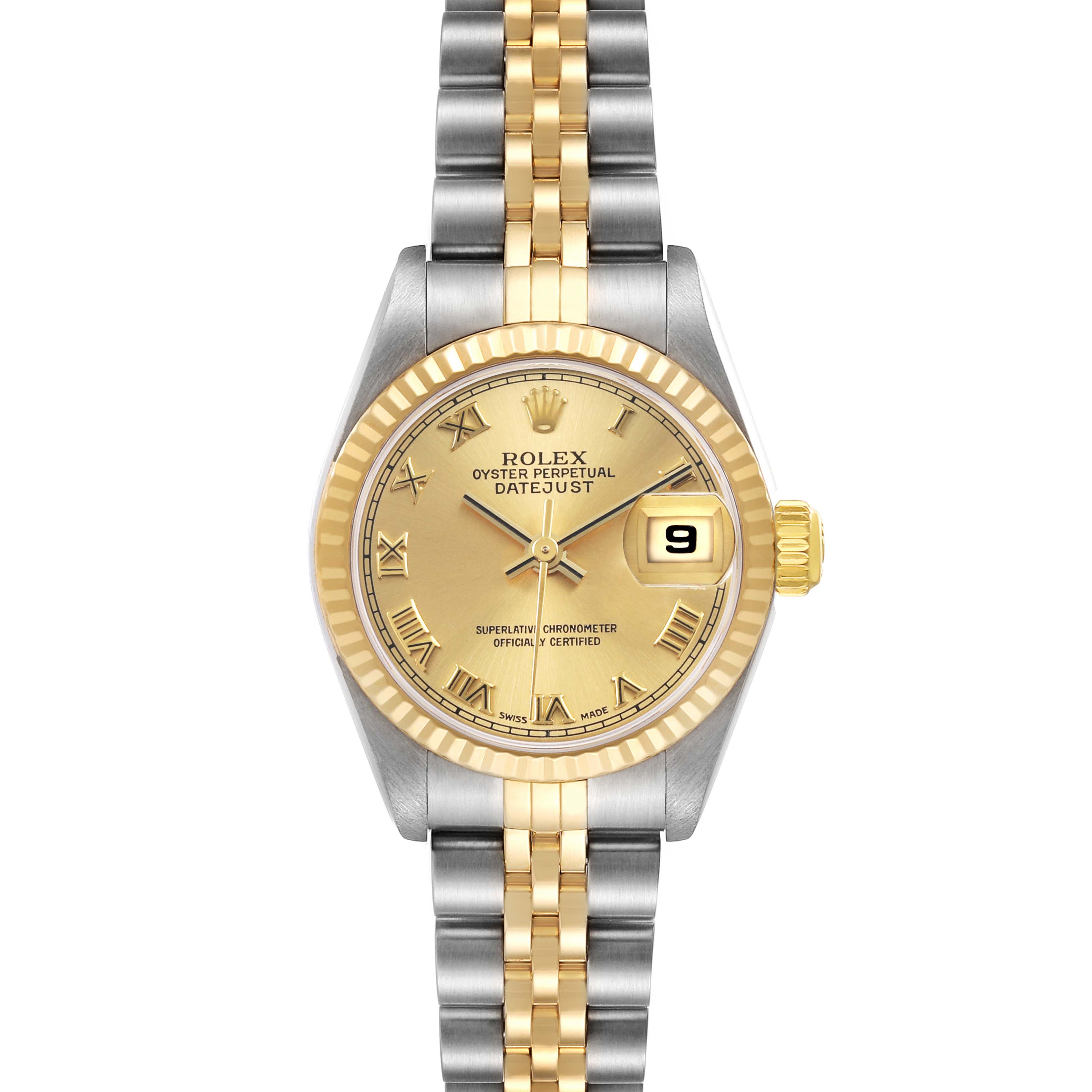The Rolex Datejust 79173 Women's Steel and Gold (two tone) Champagne Dial watch is shown from a front view, highlighting the two-tone bracelet, gold bezel, and dial with Roman numerals.