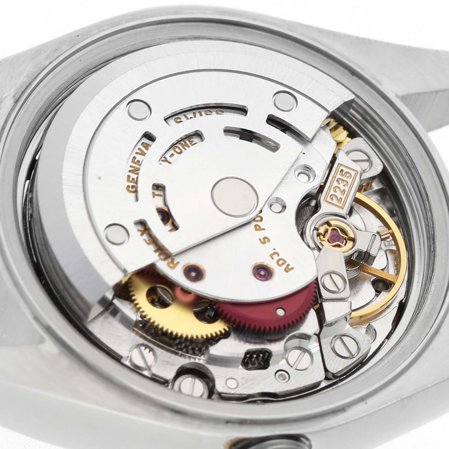 The image shows the movement and internal mechanism of a Rolex Datejust 79173 Women's Steel and Gold (two tone) Champagne Dial watch from the back angle.