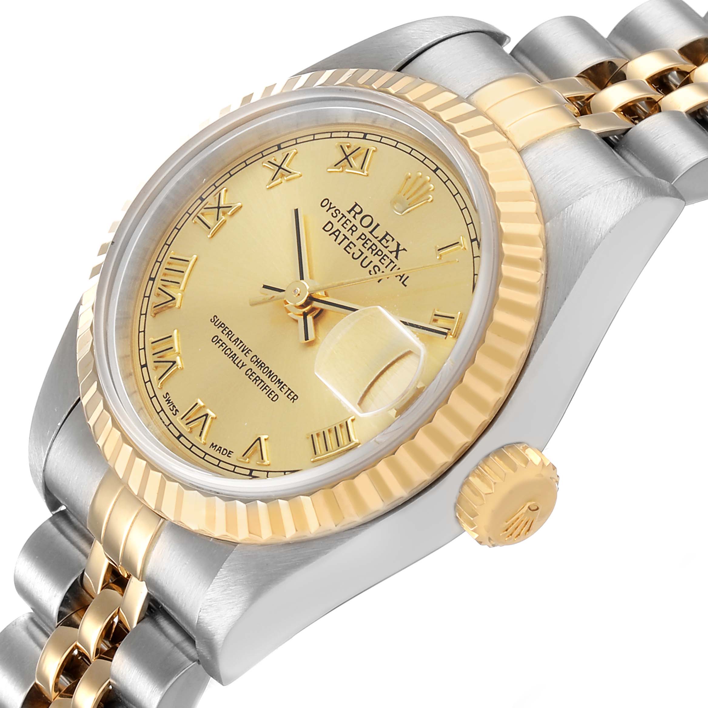 The Rolex Datejust 79173 Women's Steel and Gold (two tone) Champagne Dial watch is shown at an angled side view, highlighting its gold Roman numeral dial, fluted bezel, and Jubilee bracelet.