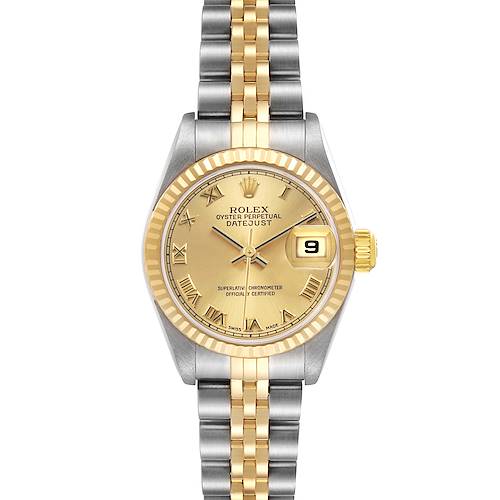 The Rolex Datejust 79173 Women's Steel and Gold (two tone) Champagne Dial is shown from the front, highlighting the gold and silver bracelet, gold dial, fluted bezel, and date window.