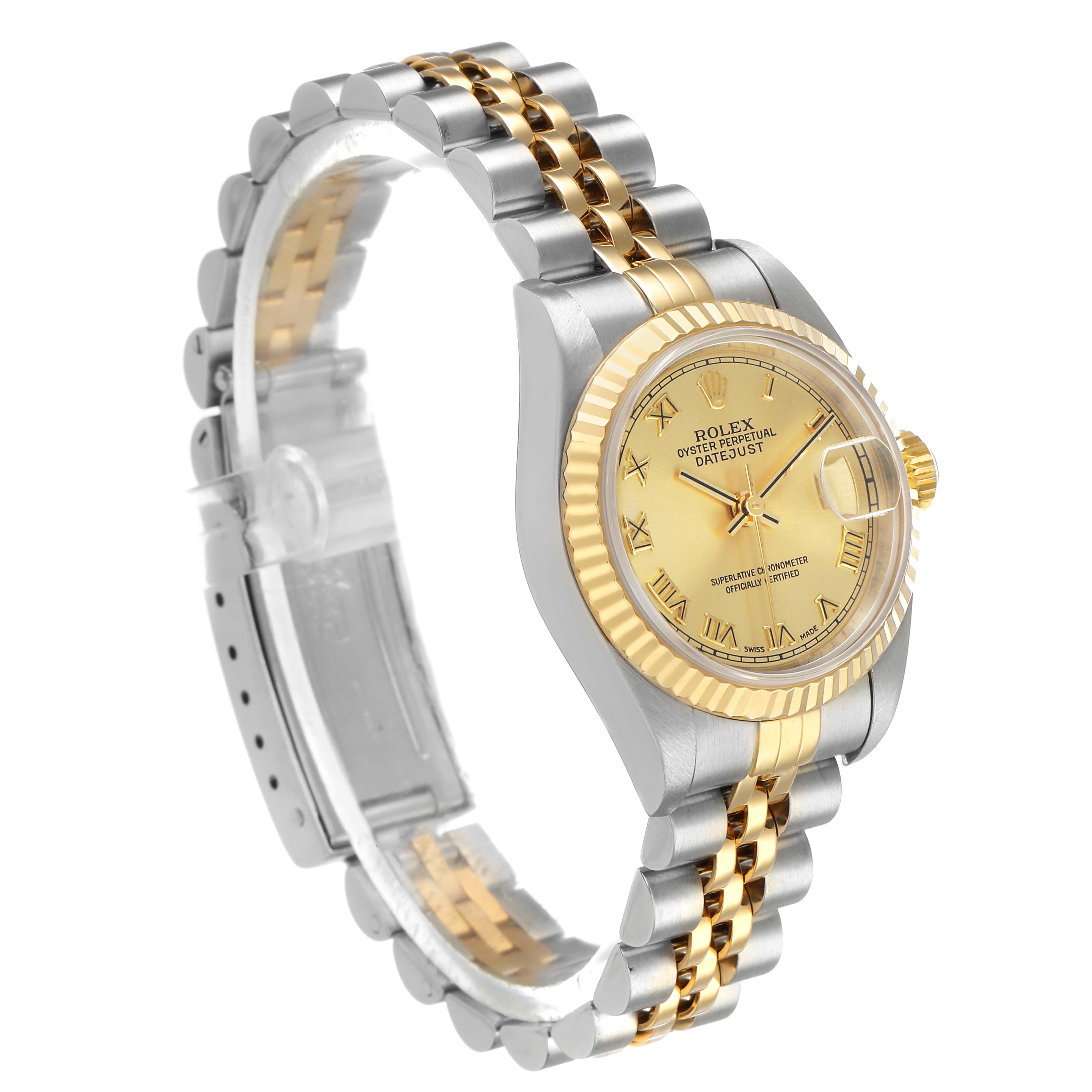 The Rolex Datejust 79173 Women's Steel and Gold (two tone) Champagne Dial watch is shown at an angled view, highlighting its gold dial, fluted bezel, and two-tone jubilee bracelet.