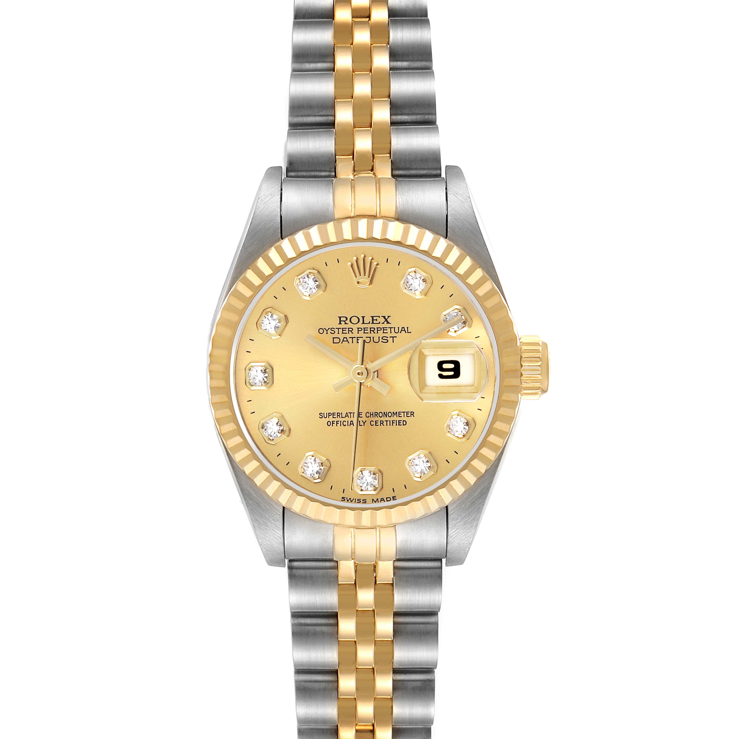 The Rolex Datejust 69173 Women's Steel and Gold (two tone) Champagne Dial watch is shown from the front, highlighting the dial, bezel, and bracelet.