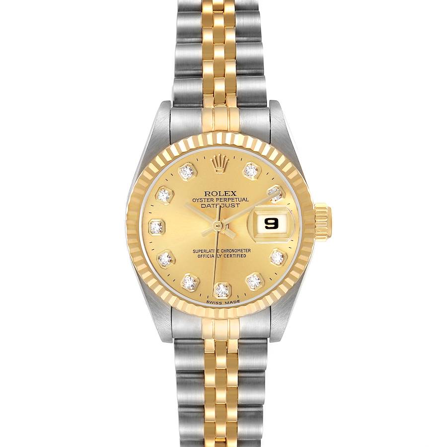 The Rolex Datejust 69173 Women's Steel and Gold (two tone) Champagne Dial watch is shown from the front, highlighting the dial, bezel, and bracelet.