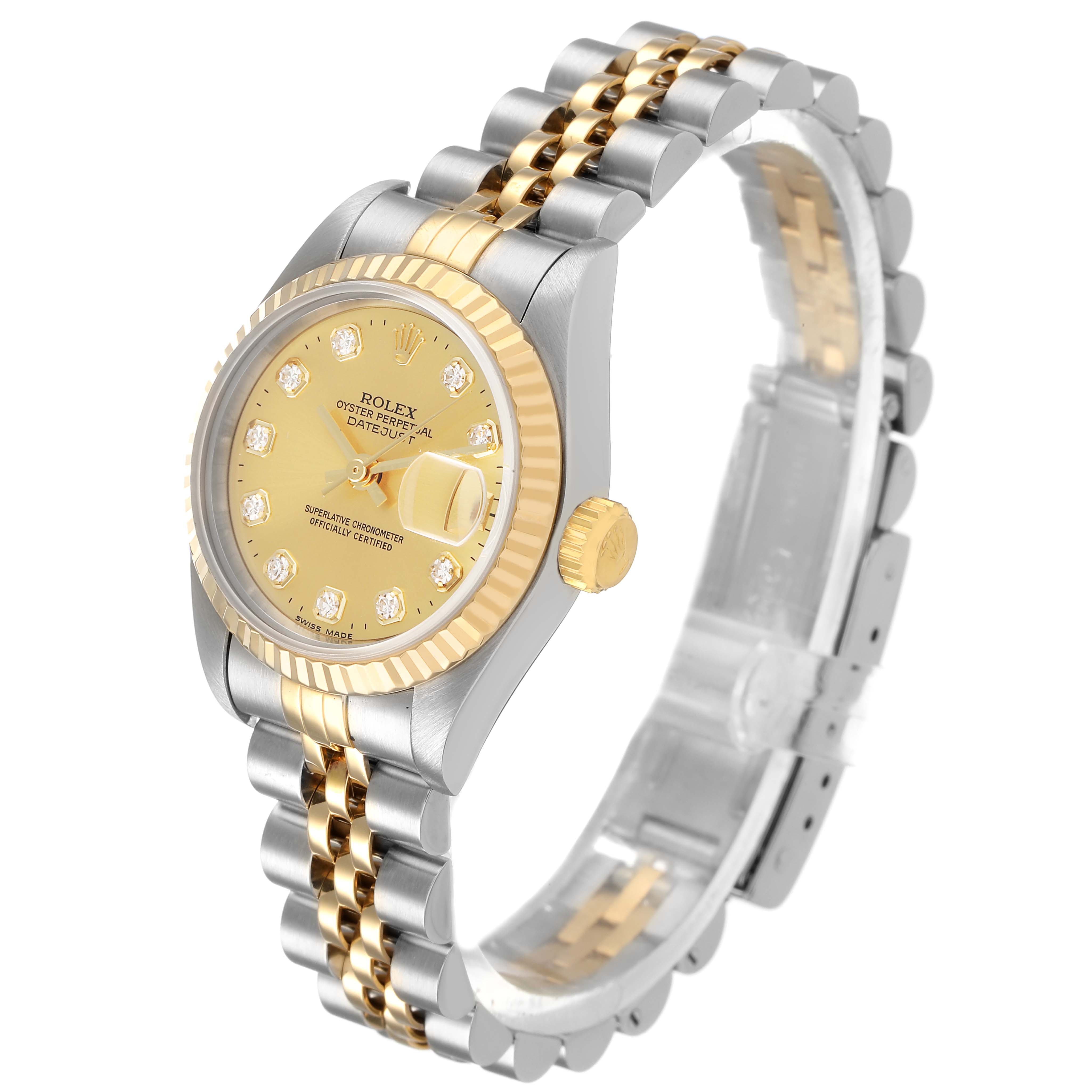 The Rolex Datejust 69173 Women's Steel and Gold (two tone) Champagne Dial watch is shown at an angle highlighting the gold dial, fluted bezel, crown, and two-tone bracelet.