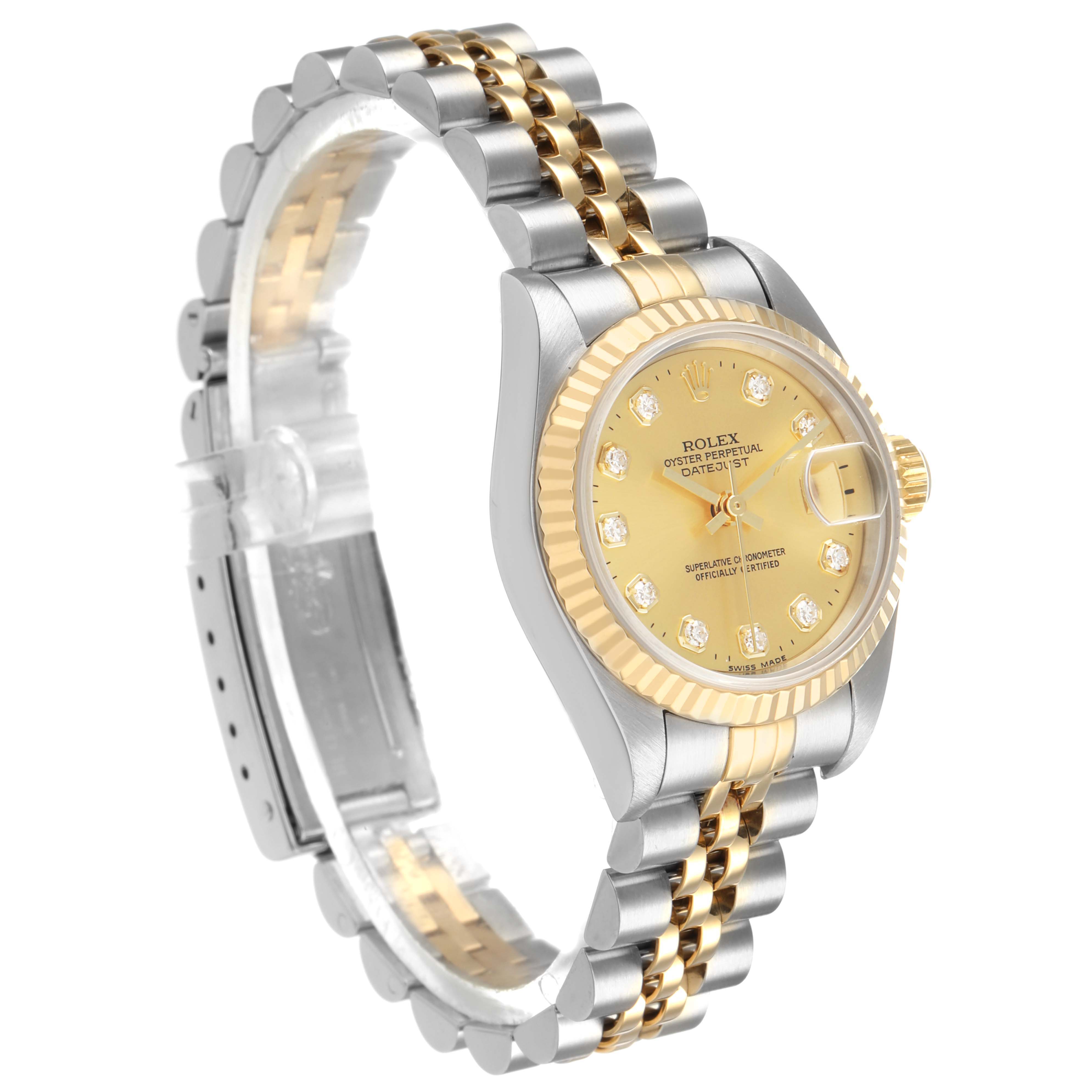 The Rolex Datejust 69173 Women's Steel and Gold (two tone) Champagne Dial watch is shown at a three-quarter angle, highlighting the bezel, dial, and jubilee bracelet.