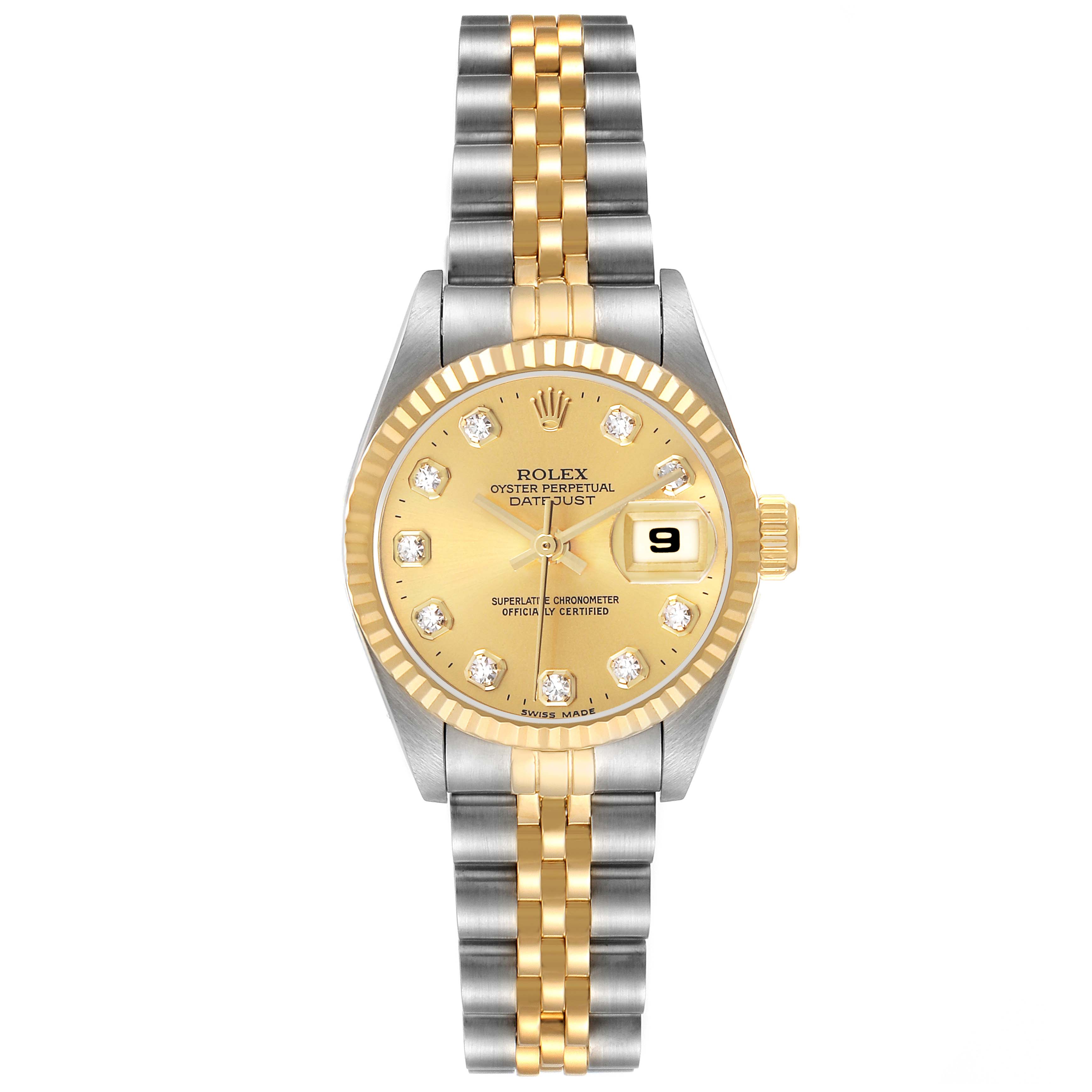 The Rolex Datejust 69173 Women's Steel and Gold (two tone) Champagne Dial watch is shown from the front, featuring its face, bezel, crown, and two-tone bracelet.