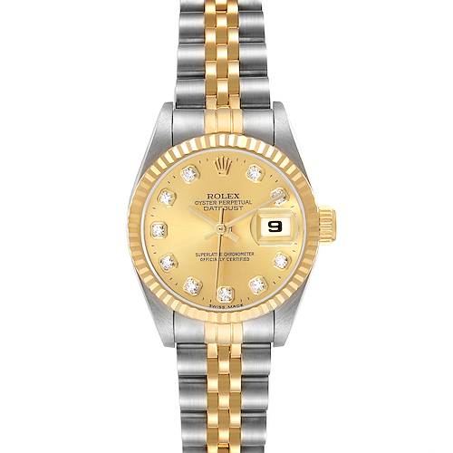 The Rolex Datejust 69173 Women's Steel and Gold (two tone) Champagne Dial watch is shown from a top view, featuring a two-tone bracelet, fluted bezel, and a diamond-accented dial with a date window.