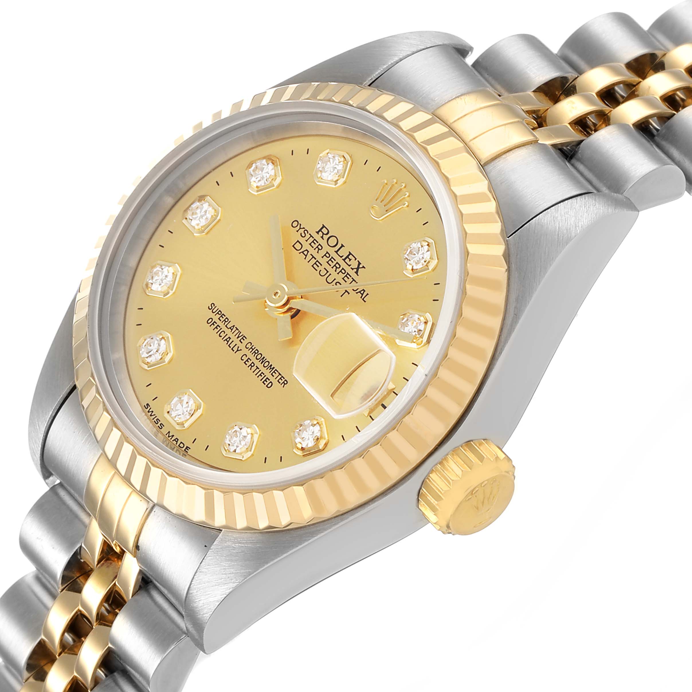 The image shows a Rolex Datejust 69173 Women's Steel and Gold (two tone) Champagne Dial at an angled view, highlighting the bezel, dial, crown, and part of the bracelet.