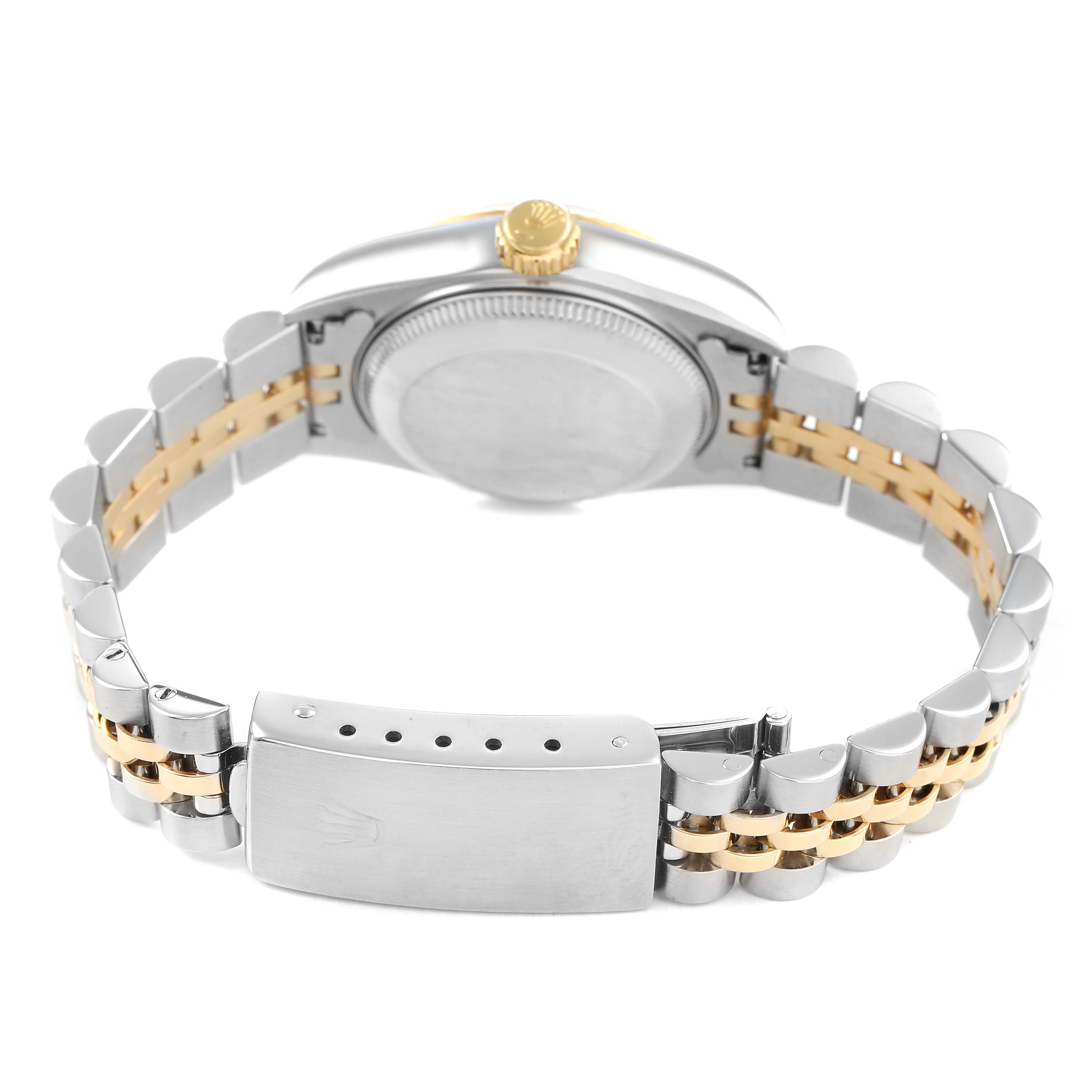 The image shows the back of a Rolex Datejust 69173 Women's Steel and Gold (two tone) Champagne Dial watch, highlighting its bracelet, clasp, and rear case.