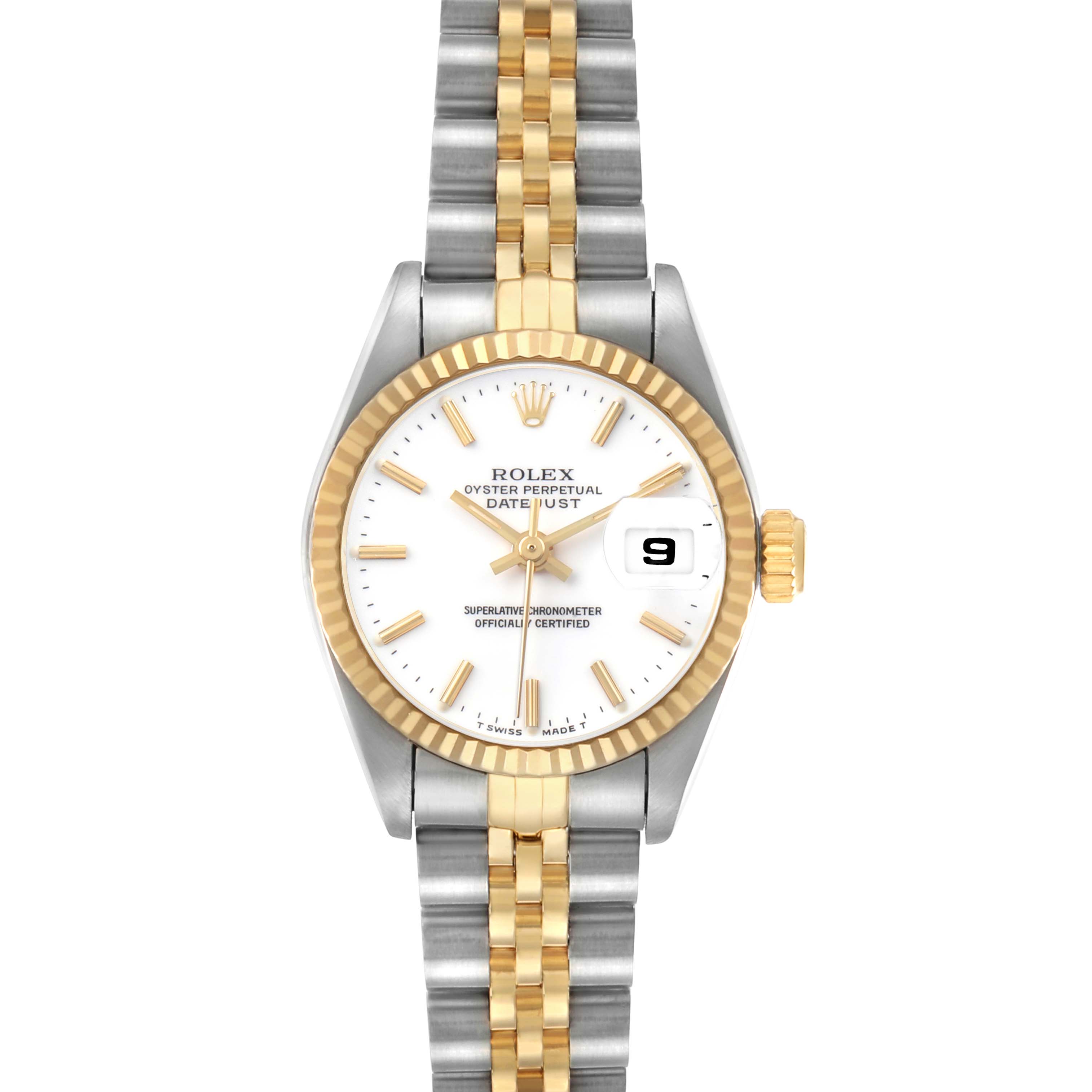 The Rolex Datejust 69173 Men's Steel and Gold (two tone) White Dial watch is shown from a top-down angle, highlighting the bezel, dial, hands, and bracelet.