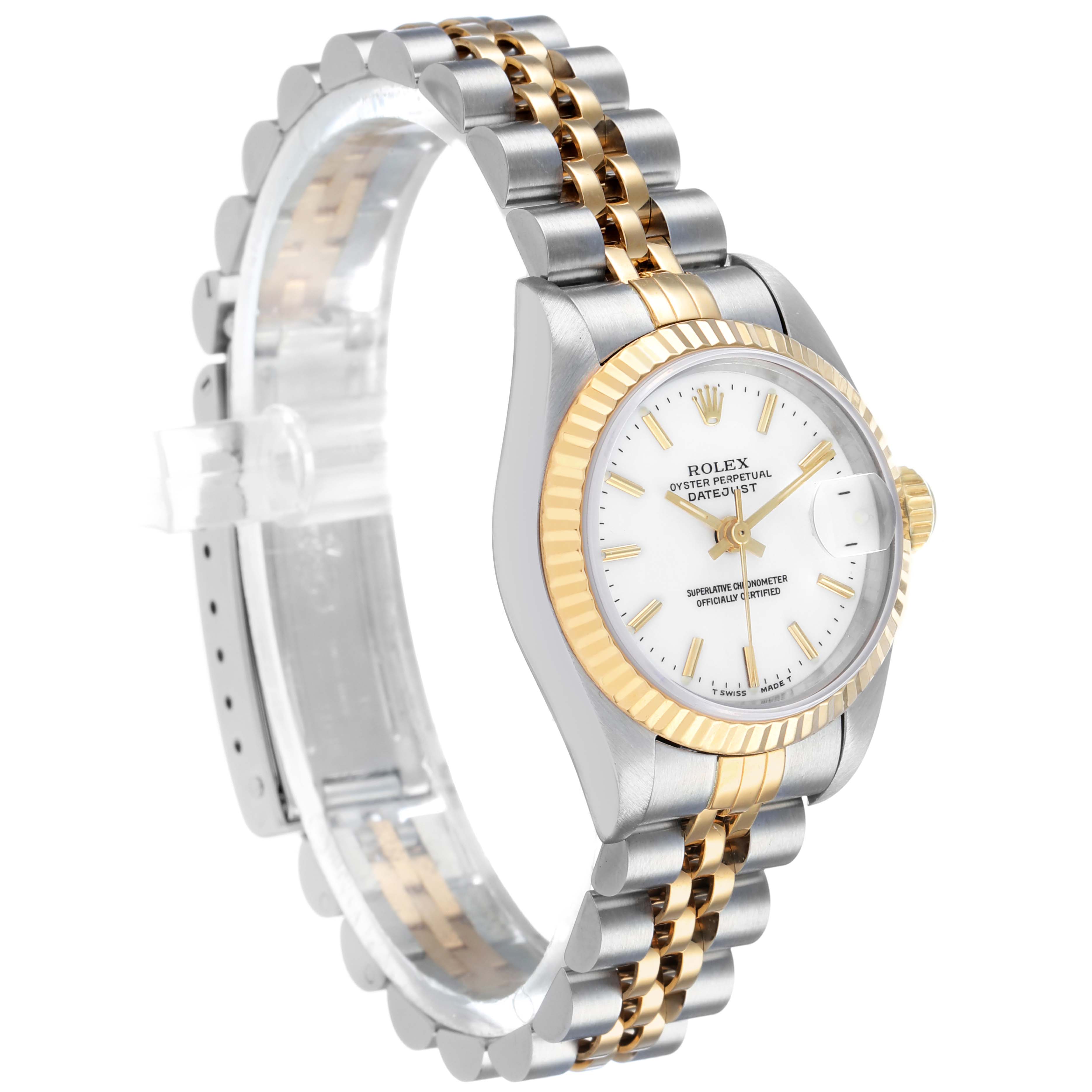 The Rolex Datejust 69173 Men's Steel and Gold (two tone) White Dial watch is shown at a side angle, highlighting the gold fluted bezel, white dial, and two-tone bracelet.