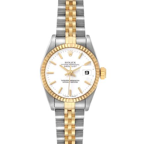 The Rolex Datejust 69173 Men's Steel and Gold (two tone) White Dial watch is shown from a front angle, displaying its gold fluted bezel, white dial, and two-tone bracelet.