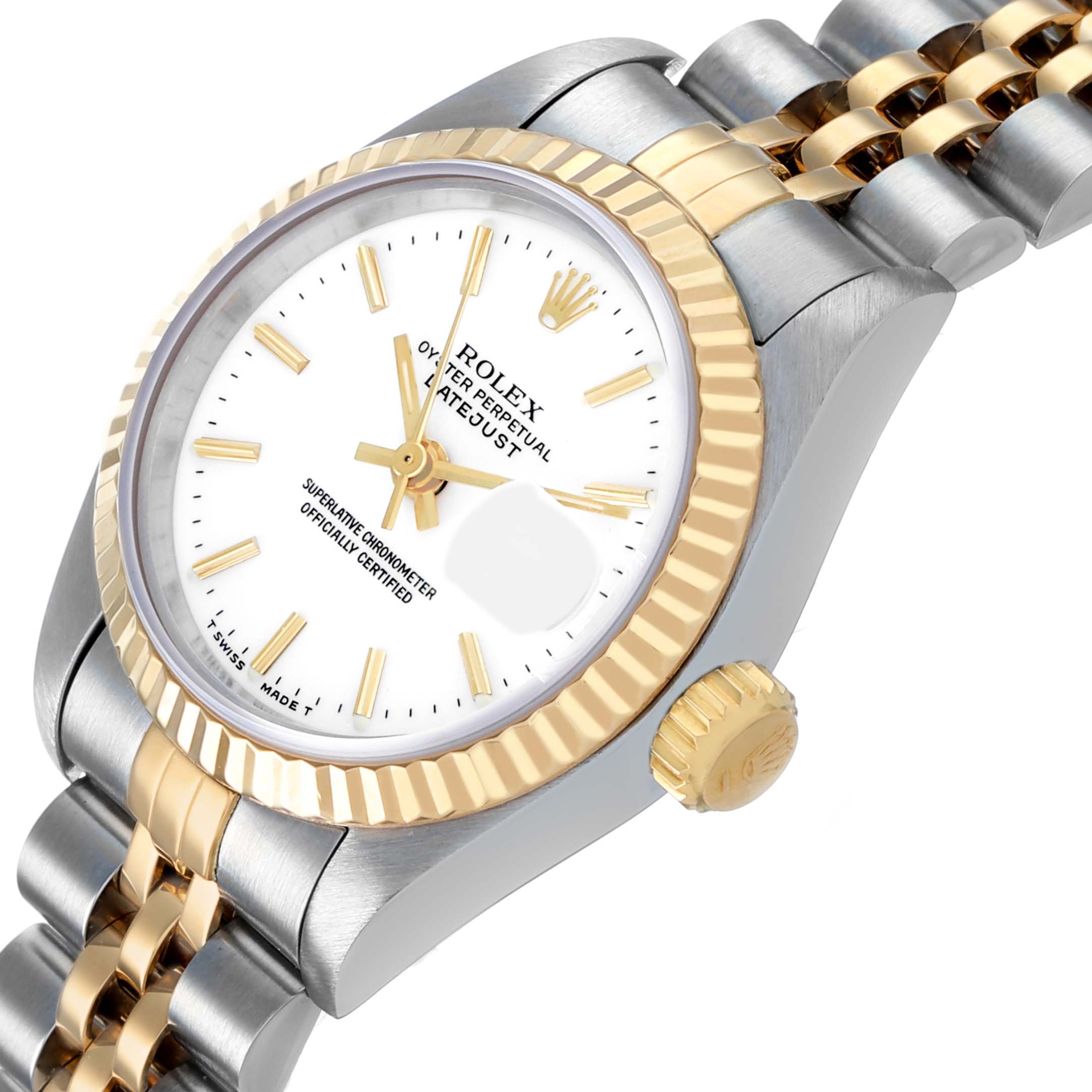 The Rolex Datejust 69173 Men's Steel and Gold (two tone) White Dial watch is shown at a slight angle displaying the gold bezel, white dial, crown, and two-tone bracelet.