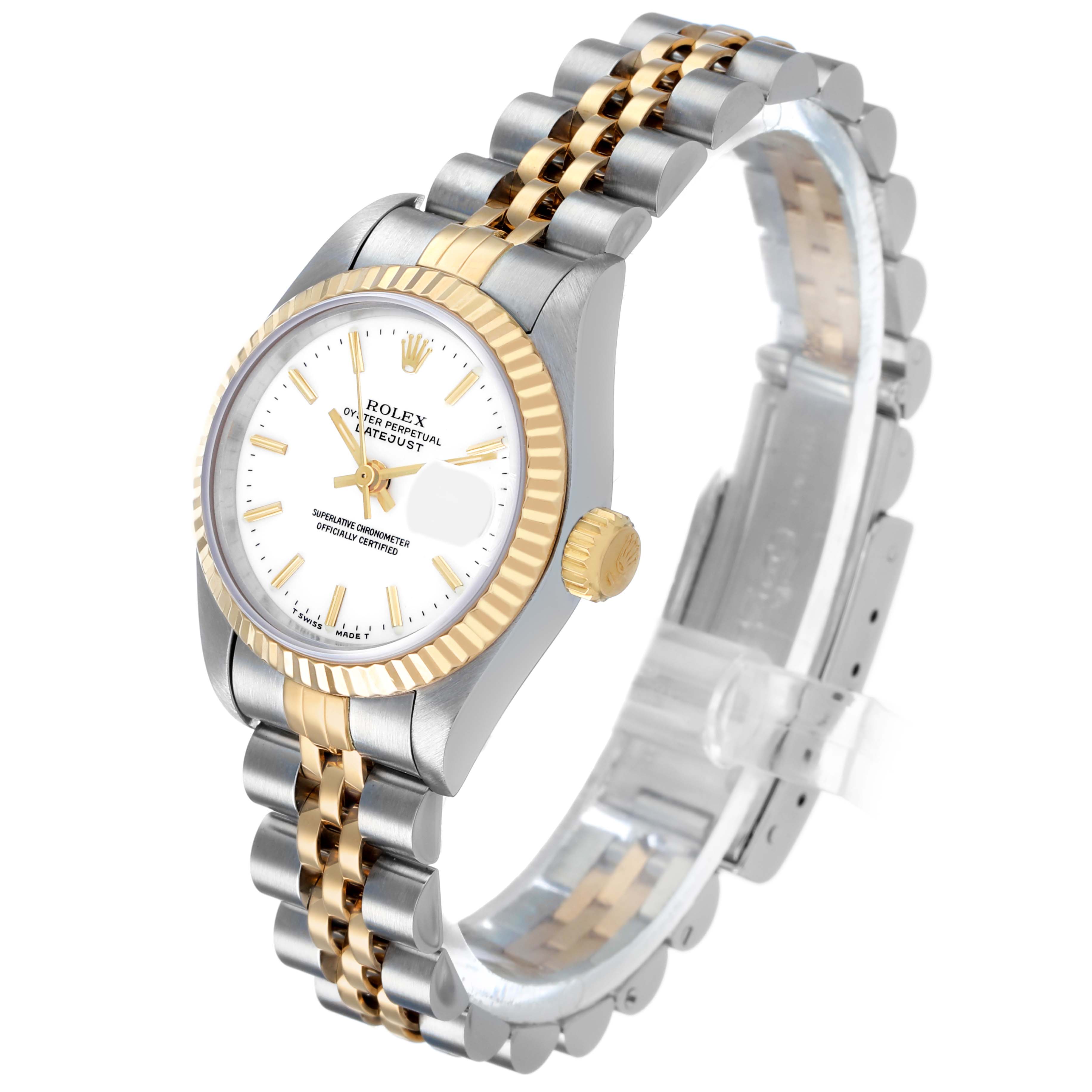 The Rolex Datejust 69173 Men's Steel and Gold (two tone) White Dial watch is shown at a three-quarter angle, displaying the face, bezel, crown, and part of the bracelet.