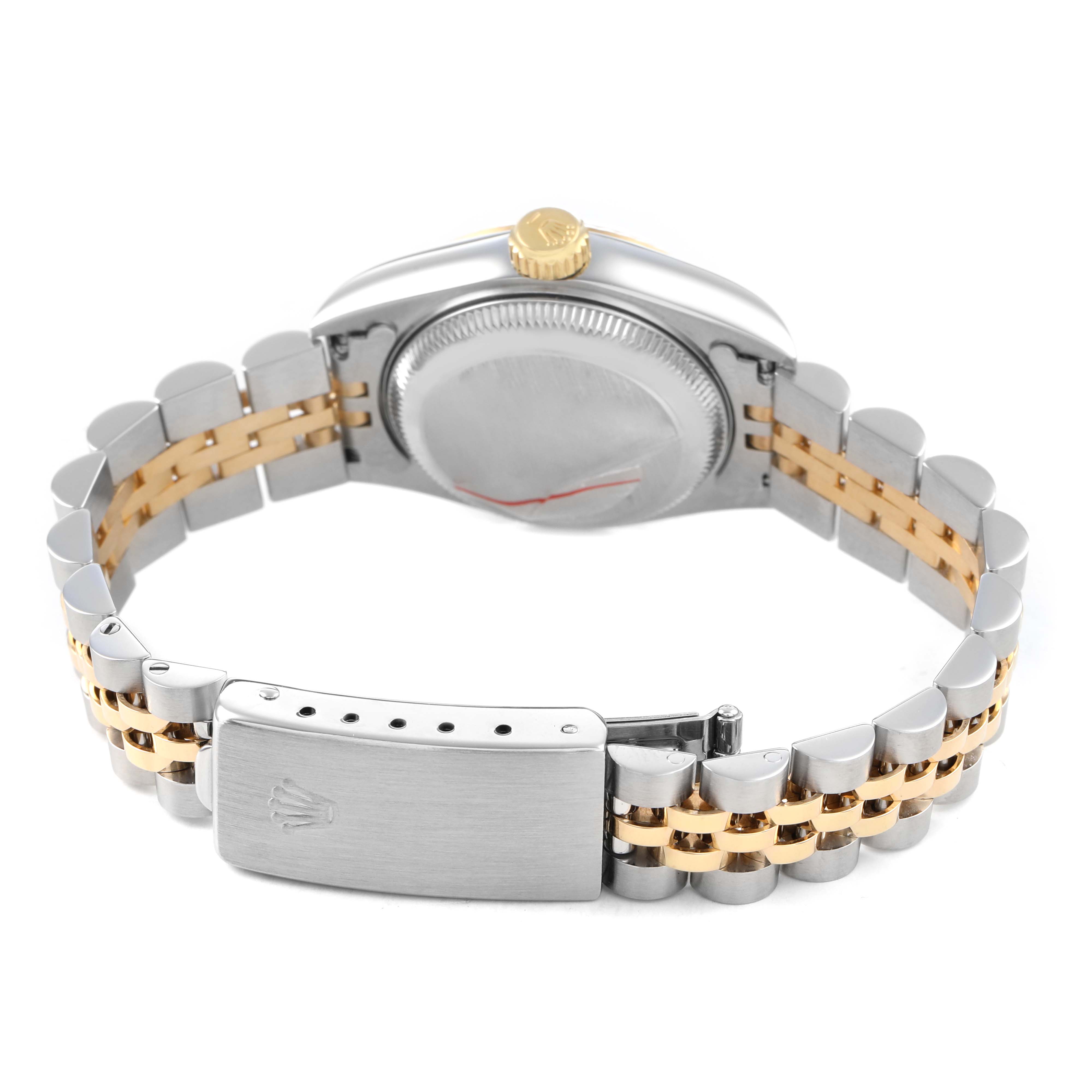 The image shows the back of a Rolex Datejust 69173 Men's Steel and Gold (two tone) White Dial watch, highlighting the case, bracelet, and clasp.