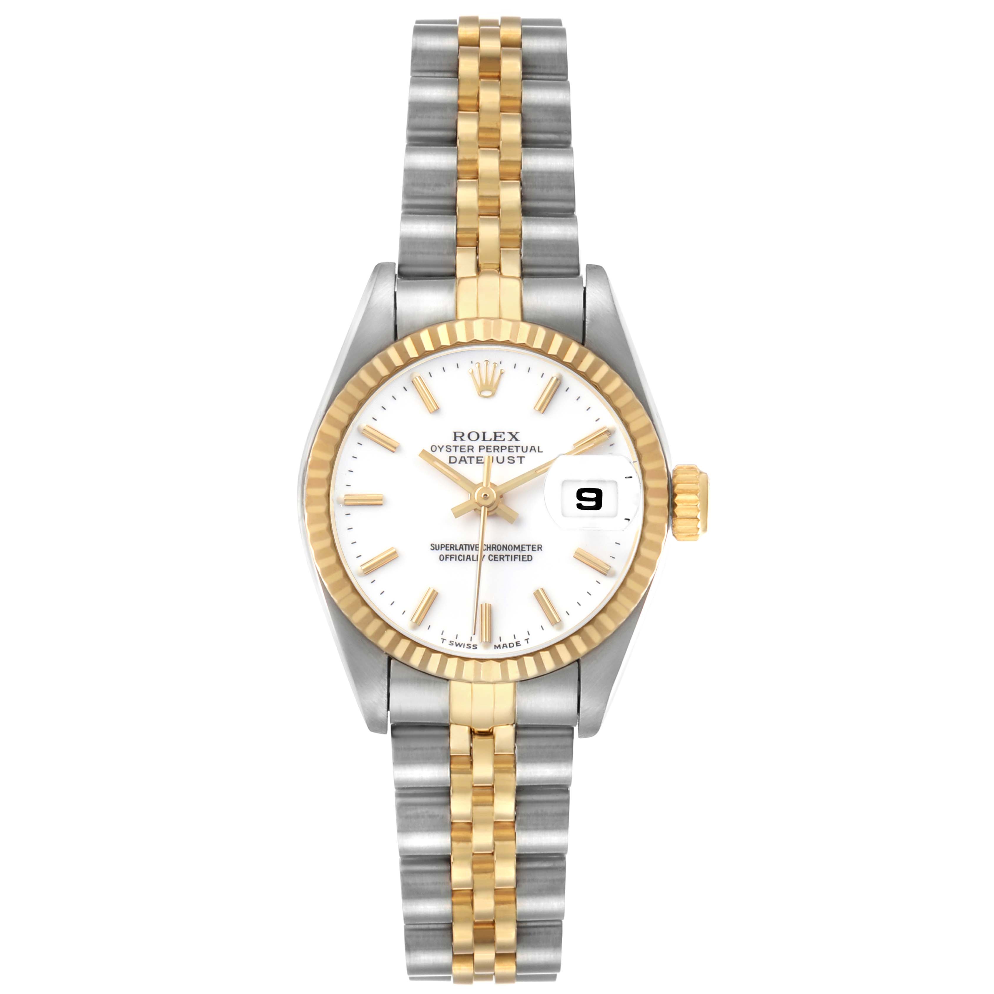 The Rolex Datejust 69173 Men's Steel and Gold (two tone) White Dial watch is shown from a top-down angle, highlighting its face, bezel, and bracelet.
