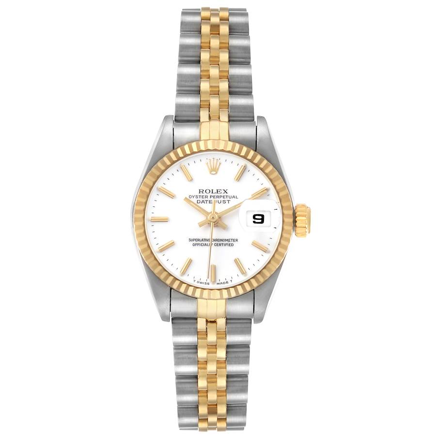 The Rolex Datejust 69173 Men's Steel and Gold (two tone) White Dial watch is shown from a top-down angle, highlighting its face, bezel, and bracelet.