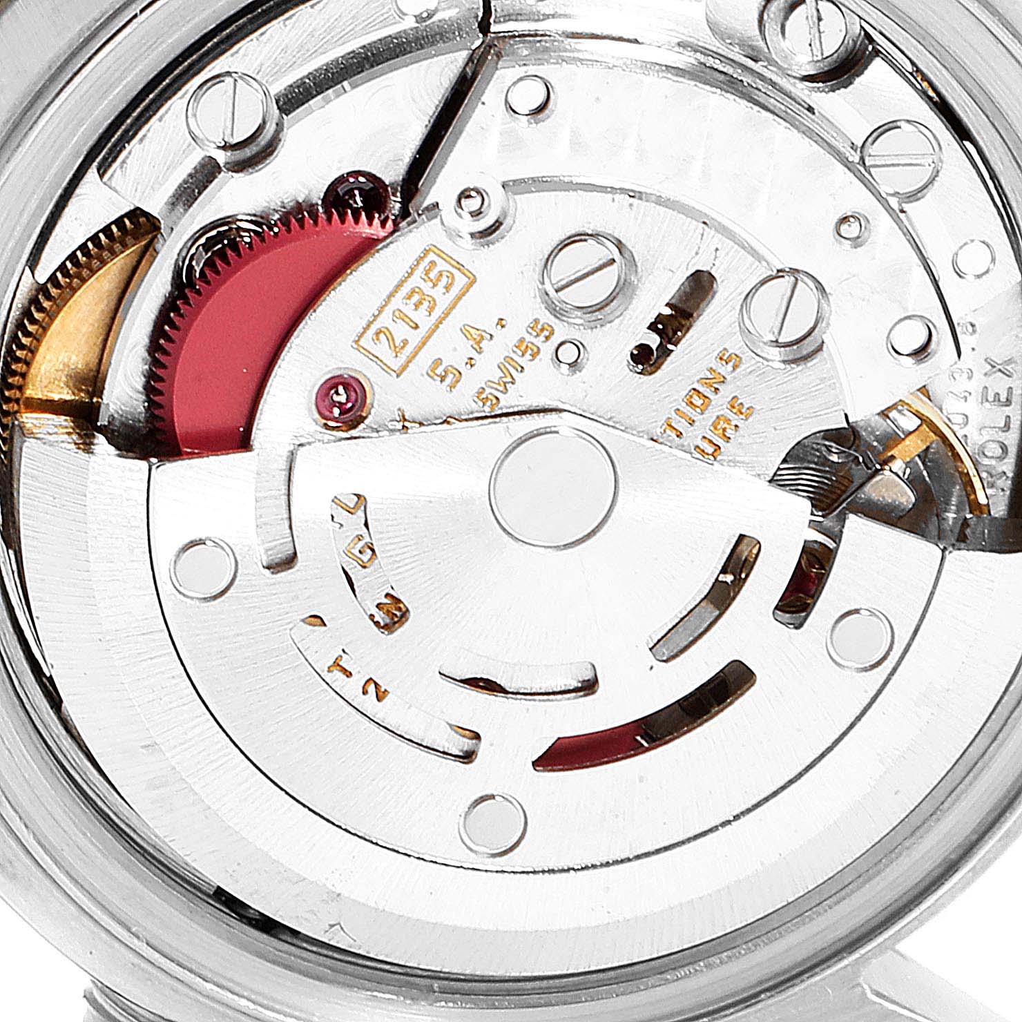 This image shows a close-up view of the movement of a Rolex Datejust 69173 Women's Steel and Gold (two tone) Blue Dial 69173 Women's Steel and Gold (two tone) Blue Dial watch.
