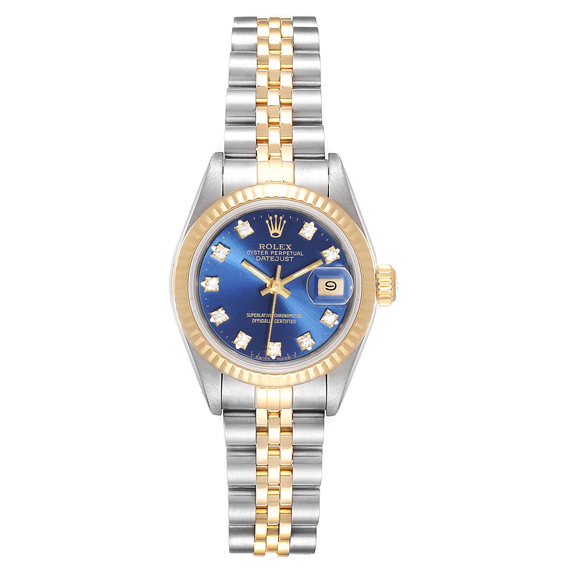 This image shows a Rolex Datejust 69173 Women's Steel and Gold (two tone) Blue Dial 69173 Women's Steel and Gold (two tone) Blue Dial watch from a front angle, highlighting the dial, bezel, and jubilee bracelet.