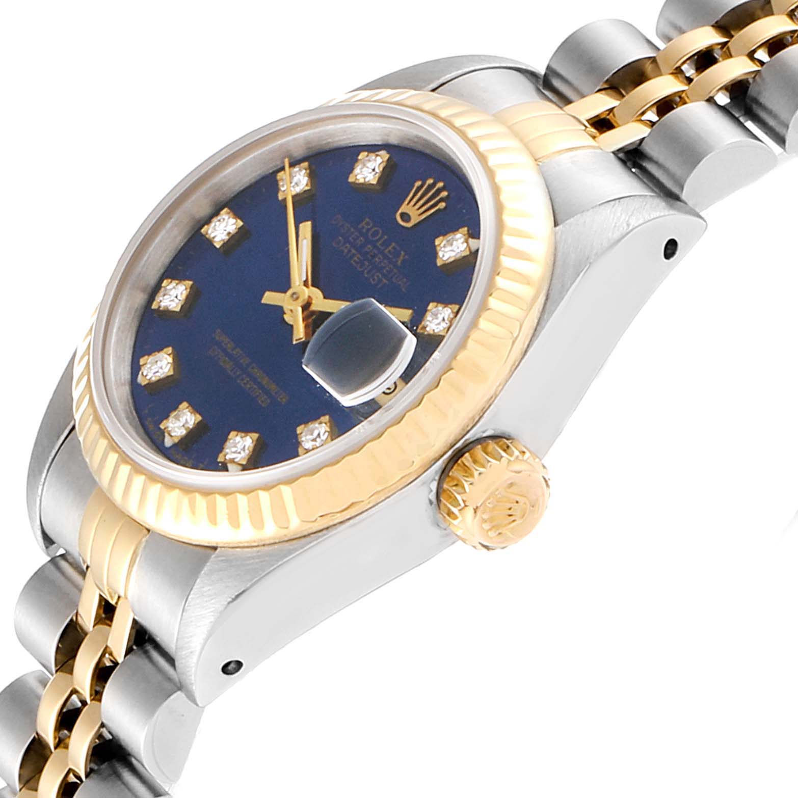 This image shows a side and partial front view of a Rolex Datejust 69173 Women's Steel and Gold (two tone) Blue Dial 69173 Women's Steel and Gold (two tone) Blue Dial, highlighting the crown, bezel, dial, and Jubilee bracelet.