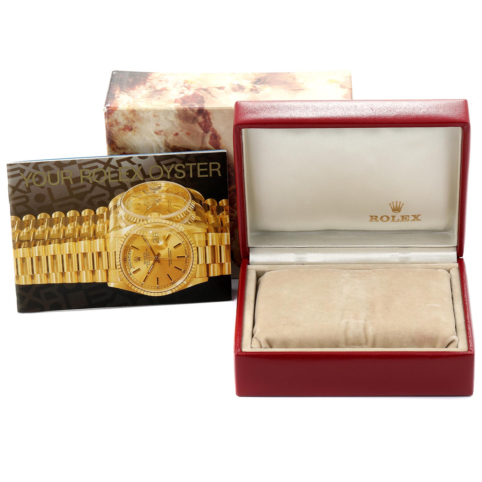 This image shows the packaging and empty box of a Rolex Datejust 69173 Women's Steel and Gold (two tone) Blue Dial 69173 Women's Steel and Gold (two tone) Blue Dial watch, along with the booklet.