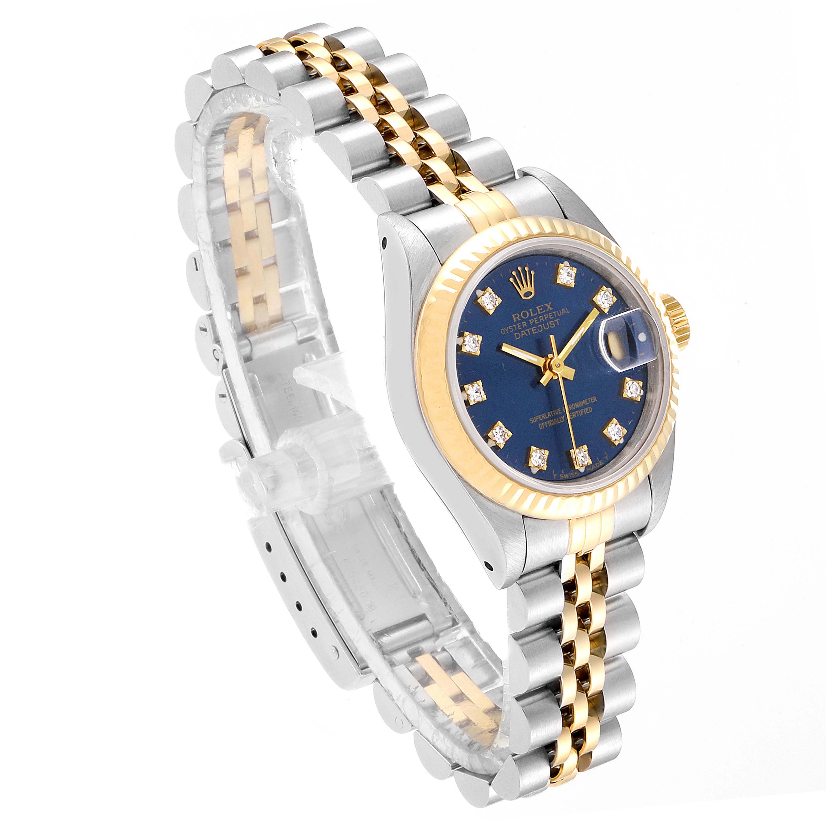 This image shows a Rolex Datejust 69173 Women's Steel and Gold (two tone) Blue Dial 69173 Women's Steel and Gold (two tone) Blue Dial watch, angled to display the face, bezel, and bracelet with a side profile view.