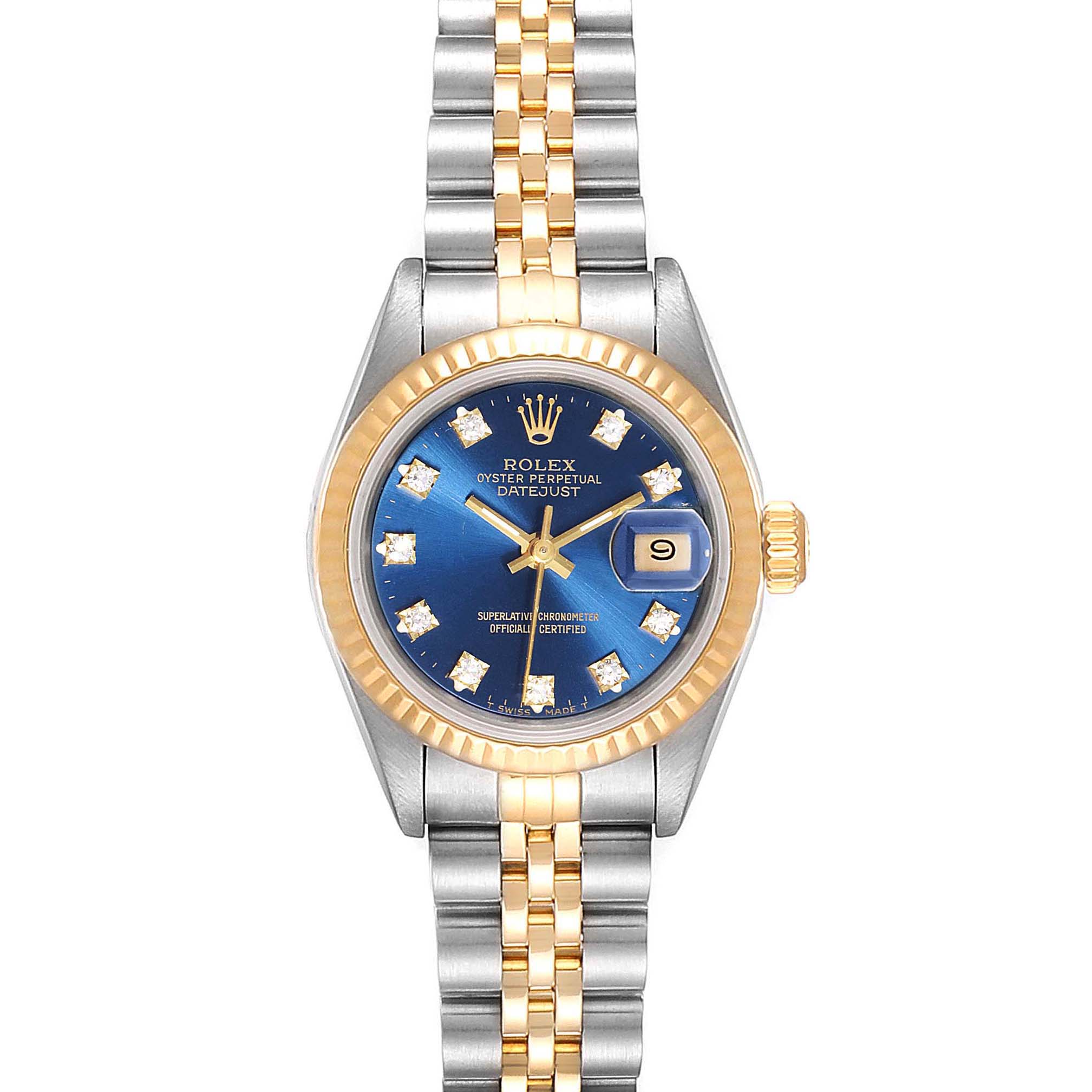 This Rolex Datejust 69173 Women's Steel and Gold (two tone) Blue Dial 69173 Women's Steel and Gold (two tone) Blue Dial watch is shown from the front, displaying its face, bezel, and bracelet.