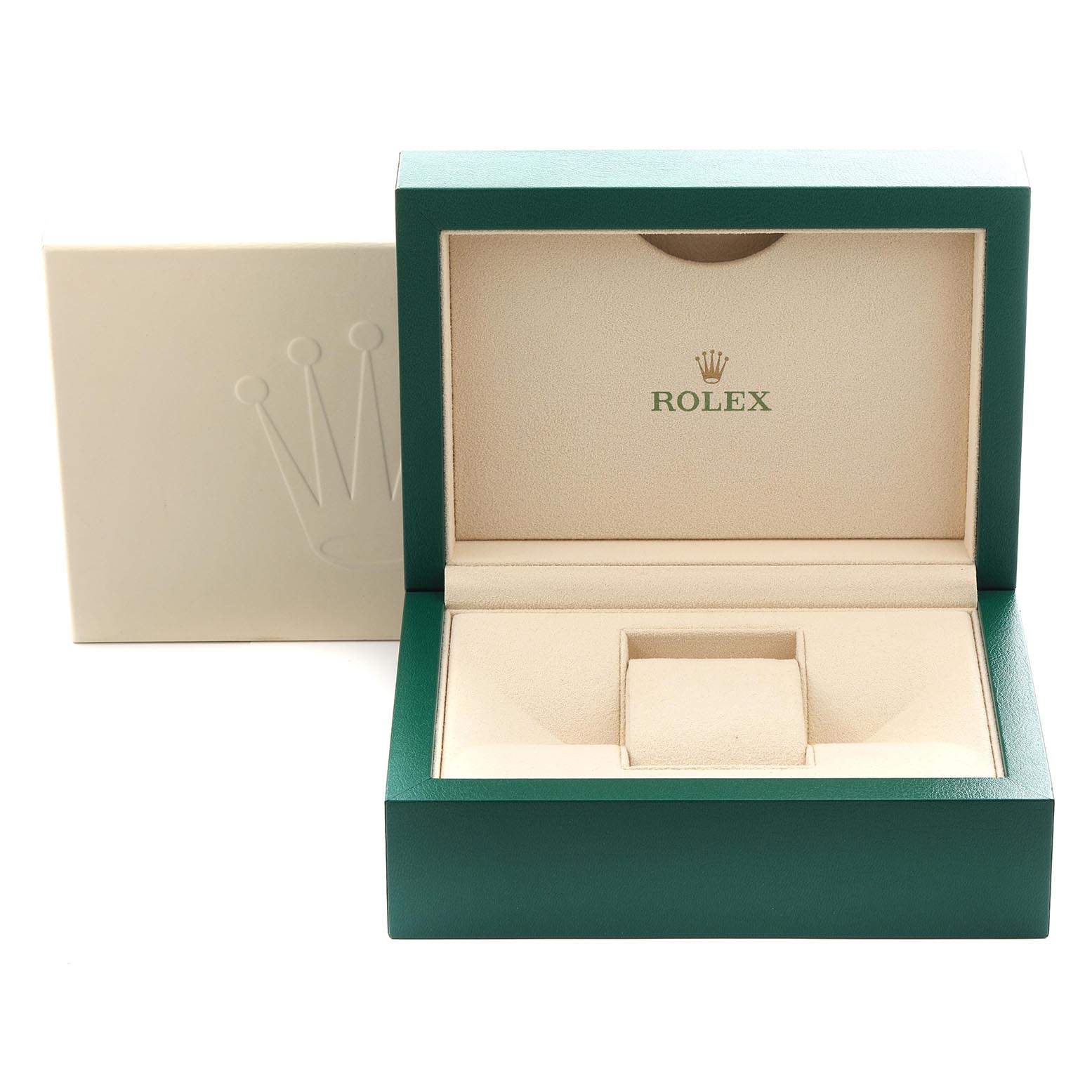 The image shows an open Rolex Datejust 279173 Women's Steel and Gold (two tone) Green Dial 279173 Women's Steel and Gold (two tone) Green Dial watch box with a green exterior and beige interior, displaying the Rolex logo.