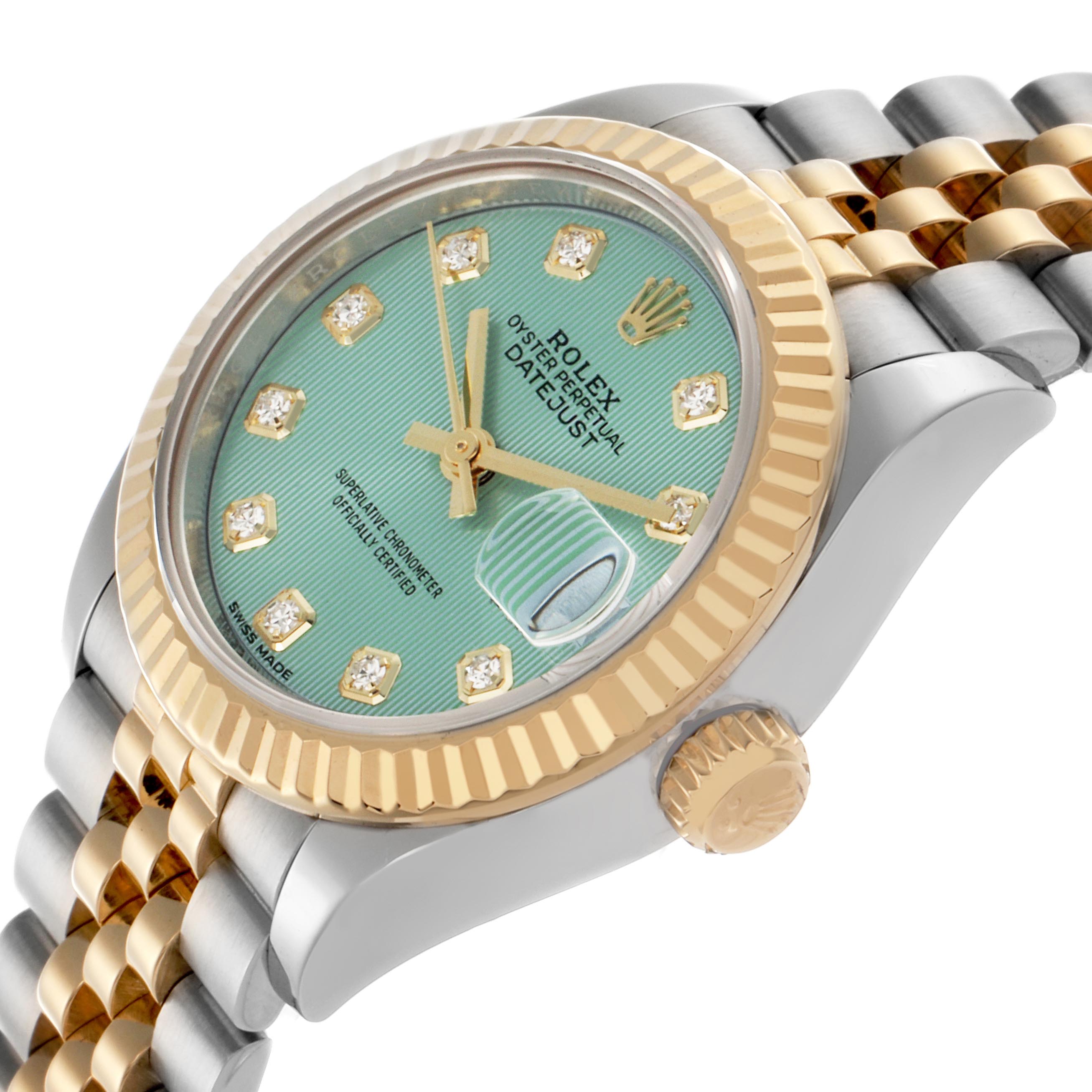 The Rolex Datejust 279173 Women's Steel and Gold (two tone) Green Dial 279173 Women's Steel and Gold (two tone) Green Dial watch is shown at an angled side view, displaying the dial, fluted bezel, crown, and part of the Jubilee bracelet.