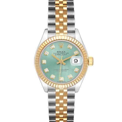 The Rolex Datejust watch is shown from the front, featuring its face, bezel, and bracelet.