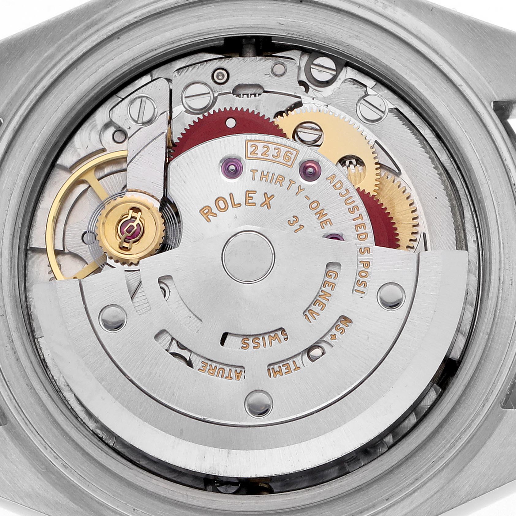 The image shows a close-up of the movement of a Rolex Datejust 279173 Women's Steel and Gold (two tone) Green Dial 279173 Women's Steel and Gold (two tone) Green Dial watch, highlighting gears and the balance wheel.