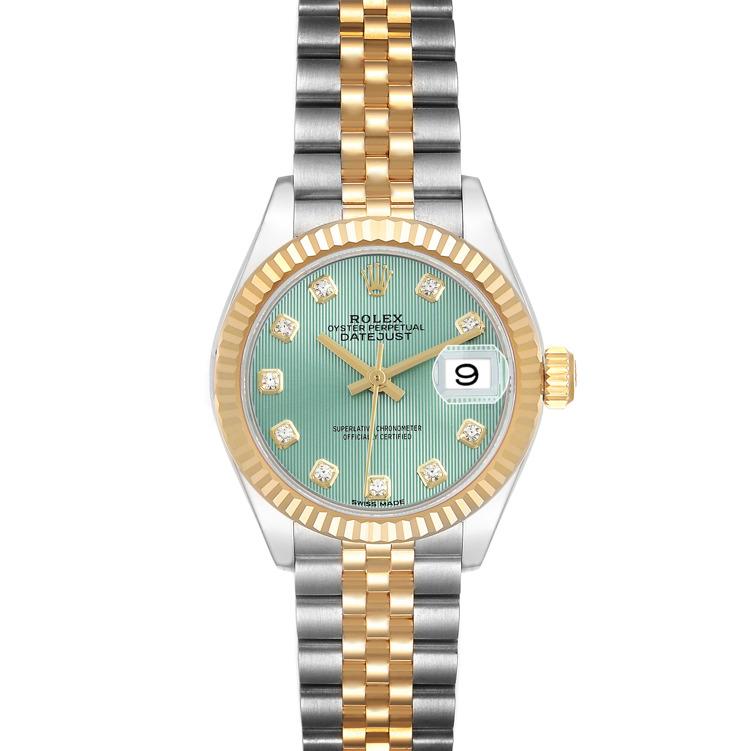 The Rolex Datejust 279173 Women's Steel and Gold (two tone) Green Dial 279173 Women's Steel and Gold (two tone) Green Dial is shown from the front, highlighting its two-tone bracelet, fluted bezel, turquoise dial, and date feature.