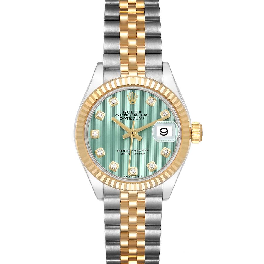 The Rolex Datejust is shown from the front, highlighting its two-tone bracelet, fluted bezel, turquoise dial, and date feature.