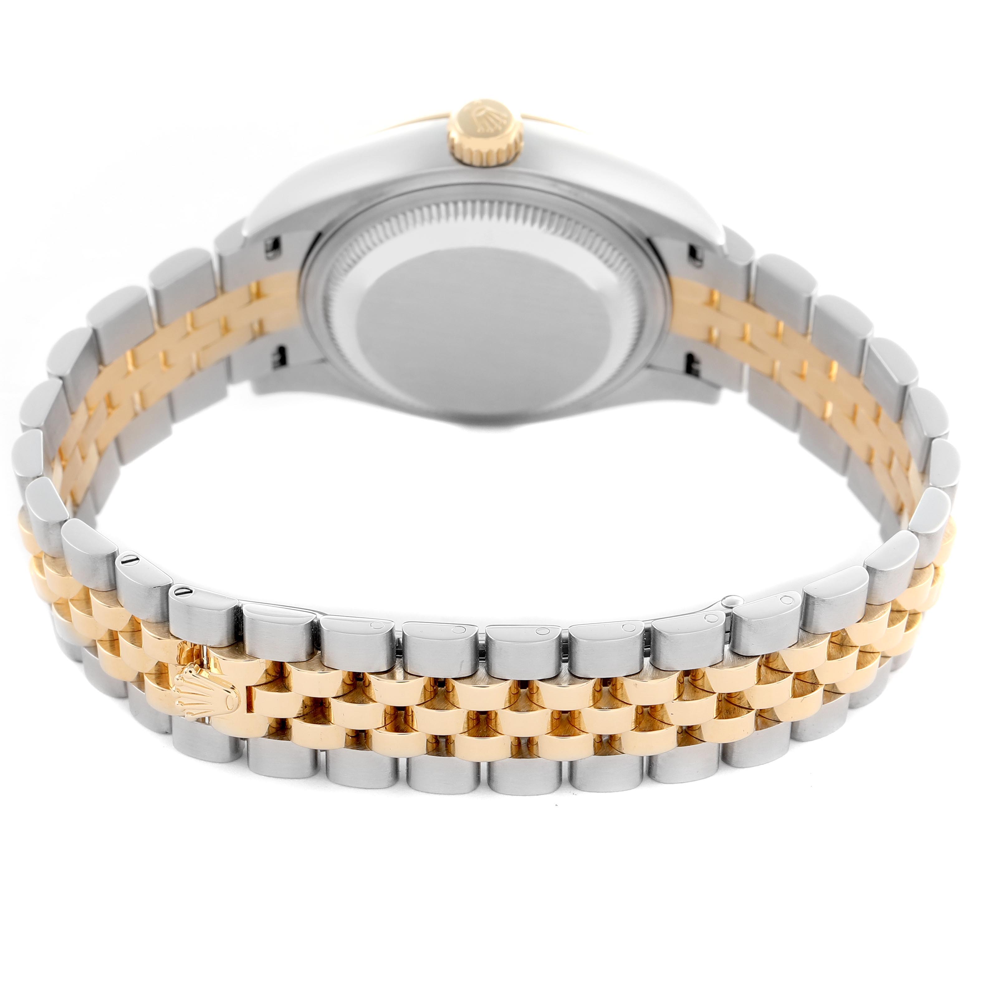 The image shows the back and bracelet of a Rolex Datejust 279173 Women's Steel and Gold (two tone) Green Dial 279173 Women's Steel and Gold (two tone) Green Dial, highlighting the two-tone bracelet and closed case back.