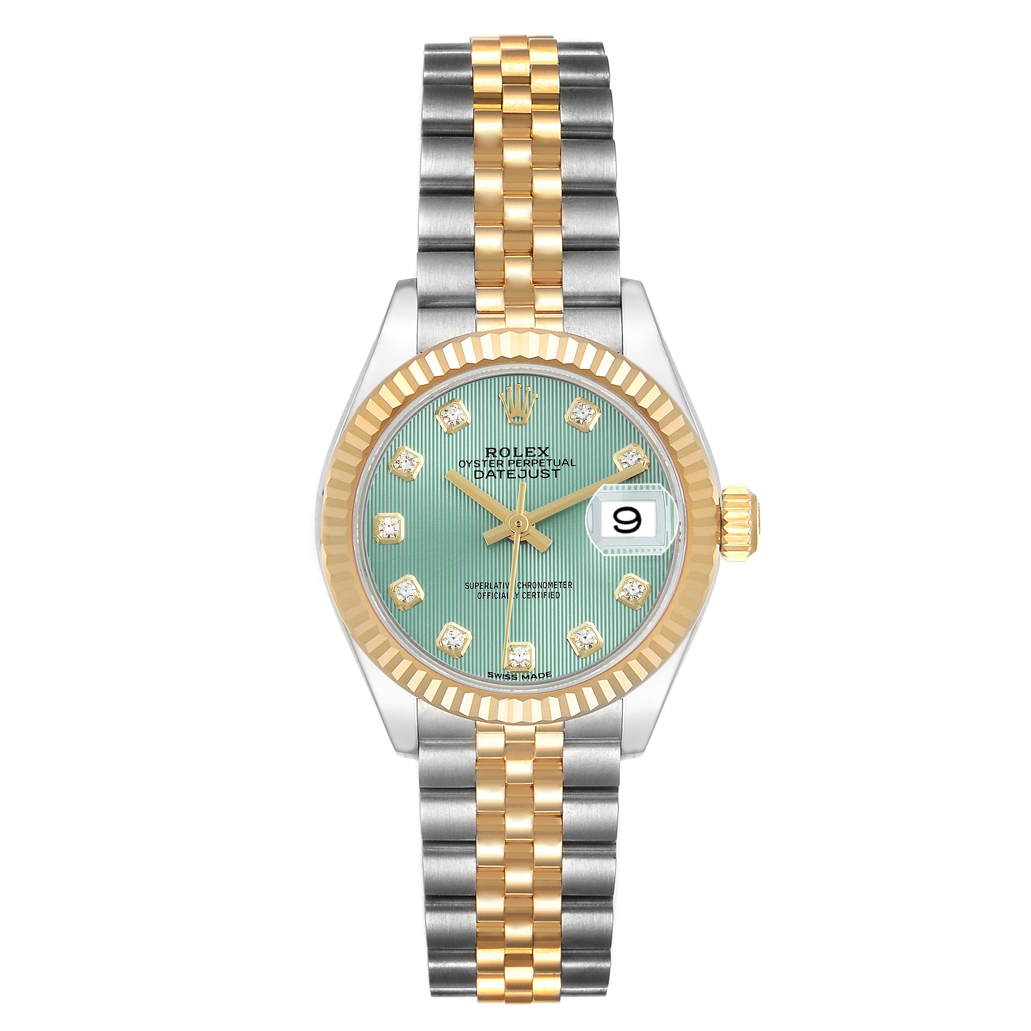 The Rolex Datejust 279173 Women's Steel and Gold (two tone) Green Dial 279173 Women's Steel and Gold (two tone) Green Dial watch is shown from the front, highlighting the face, bezel, and bracelet.