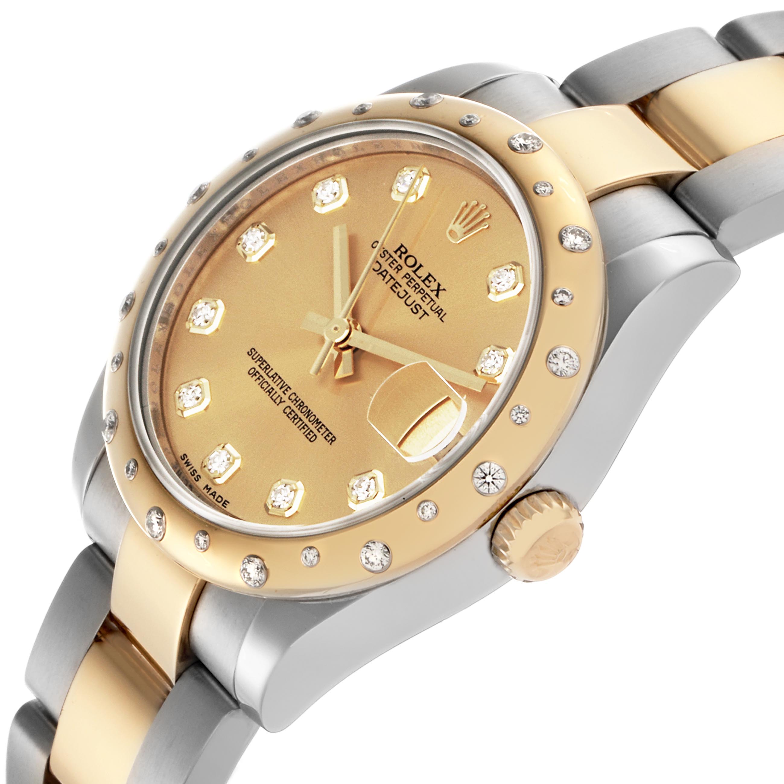 The Rolex Mid-Size 278343 Women's Steel and Gold (two tone) Champagne Dial 278343 Women's Steel and Gold (two tone) Champagne Dial watch is shown at a three-quarter angle, highlighting its two-tone bracelet, gold bezel, and diamond markers.