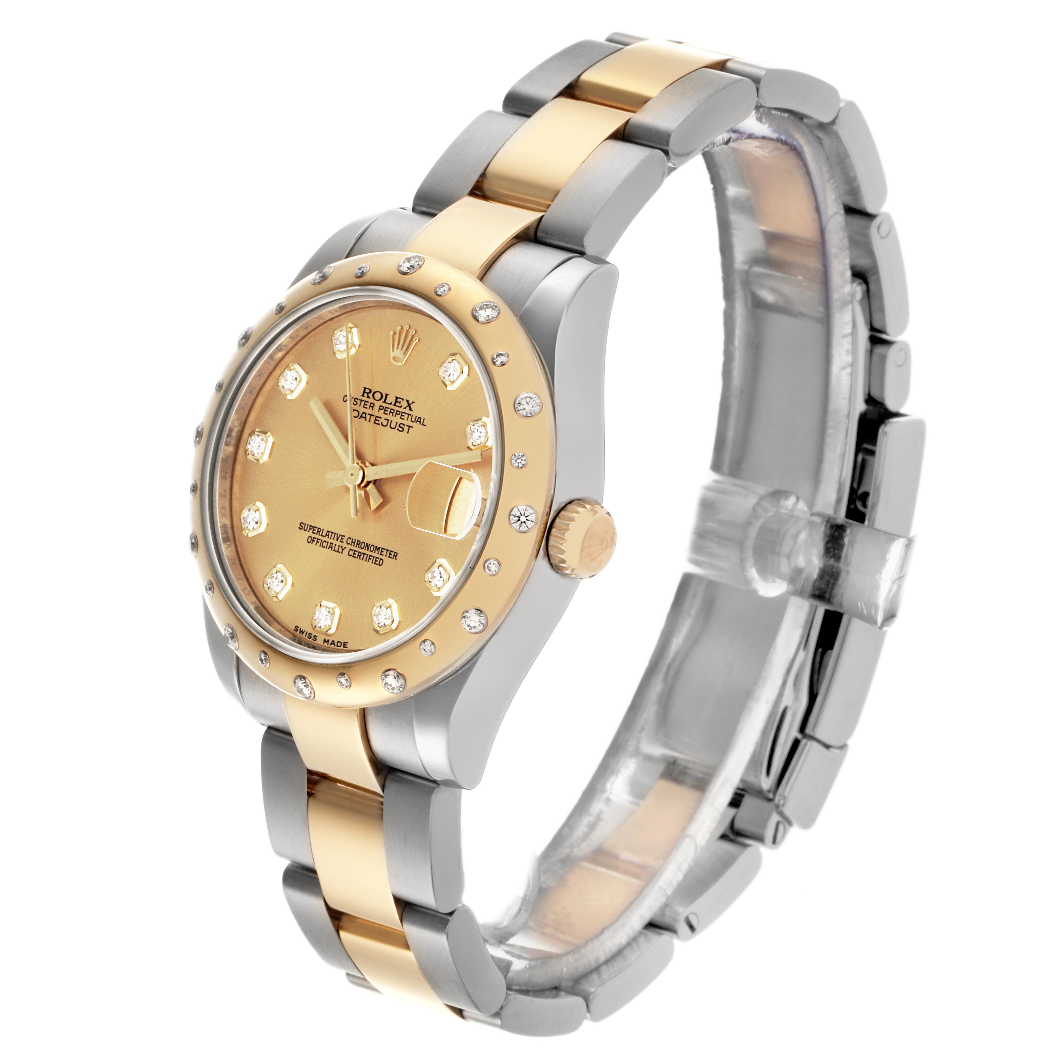 The Rolex Mid-Size 278343 Women's Steel and Gold (two tone) Champagne Dial 278343 Women's Steel and Gold (two tone) Champagne Dial watch is shown at an angled side view, highlighting the bezel, bracelet, crown, and face details.