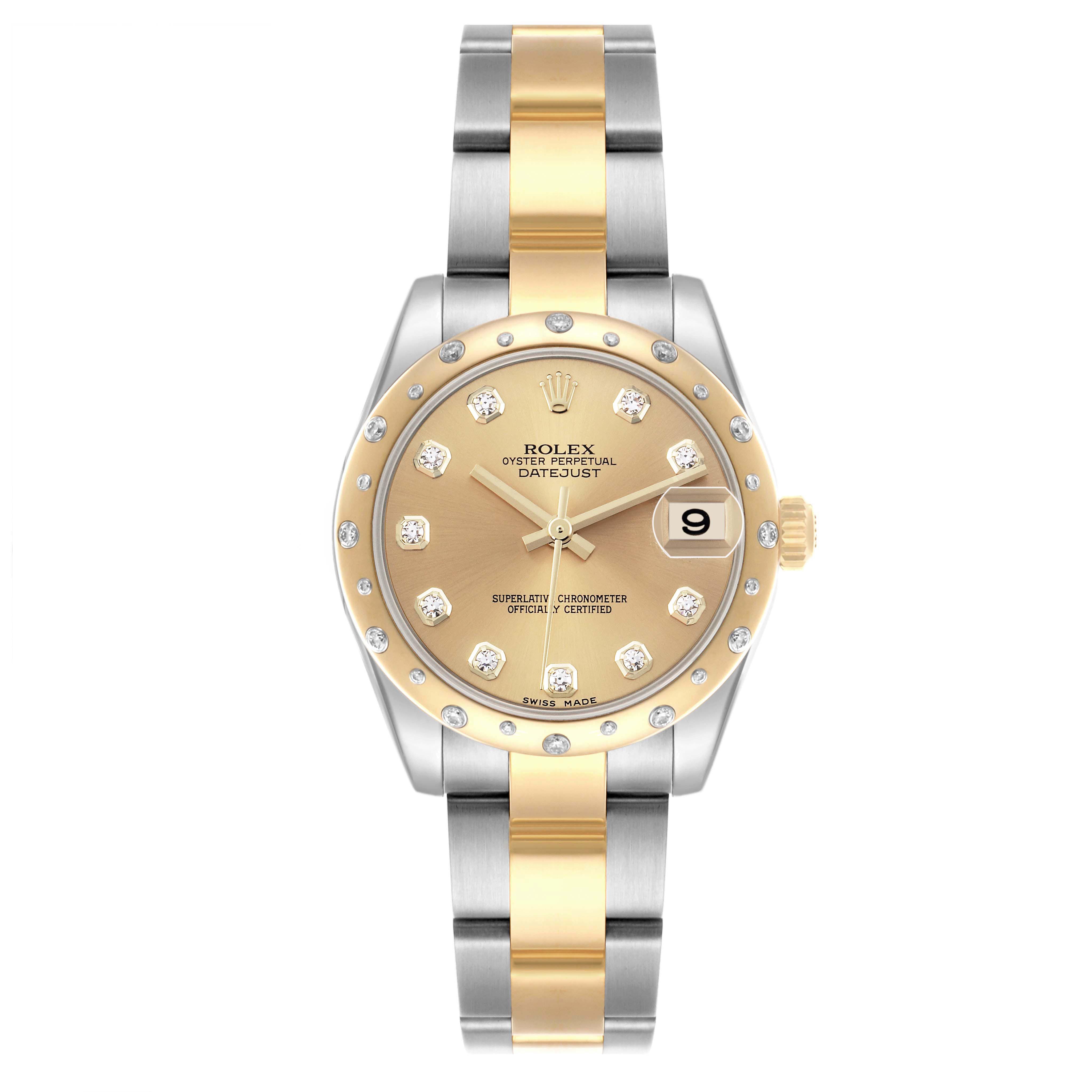 The Rolex Mid-Size 278343 Women's Steel and Gold (two tone) Champagne Dial 278343 Women's Steel and Gold (two tone) Champagne Dial model is shown from a front view, highlighting its gold and silver bracelet, date feature, and diamond-studded bezel.