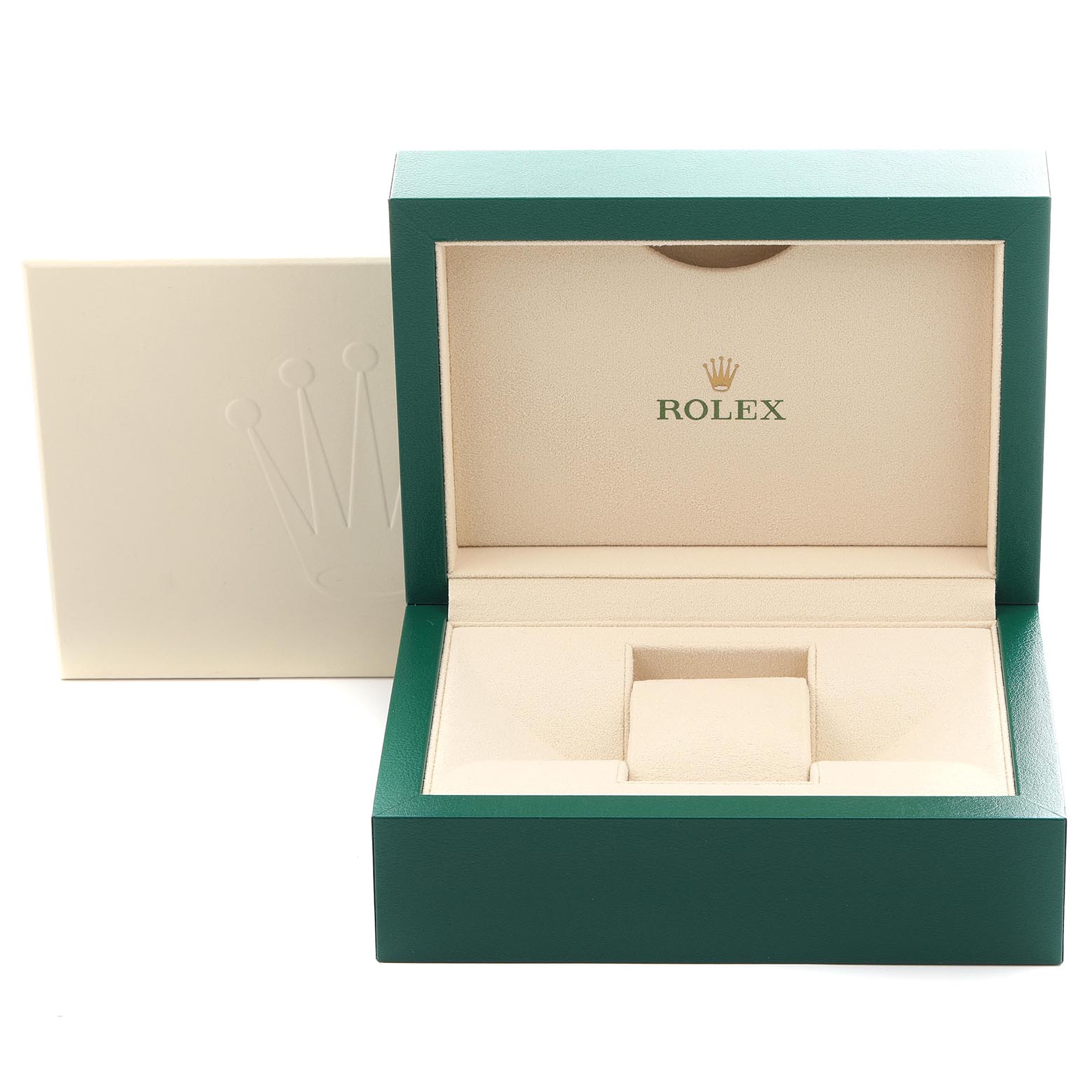The Rolex Mid-Size 278343 Women's Steel and Gold (two tone) Champagne Dial 278343 Women's Steel and Gold (two tone) Champagne Dial model box is shown open, revealing beige interior compartments for the watch and accessories.