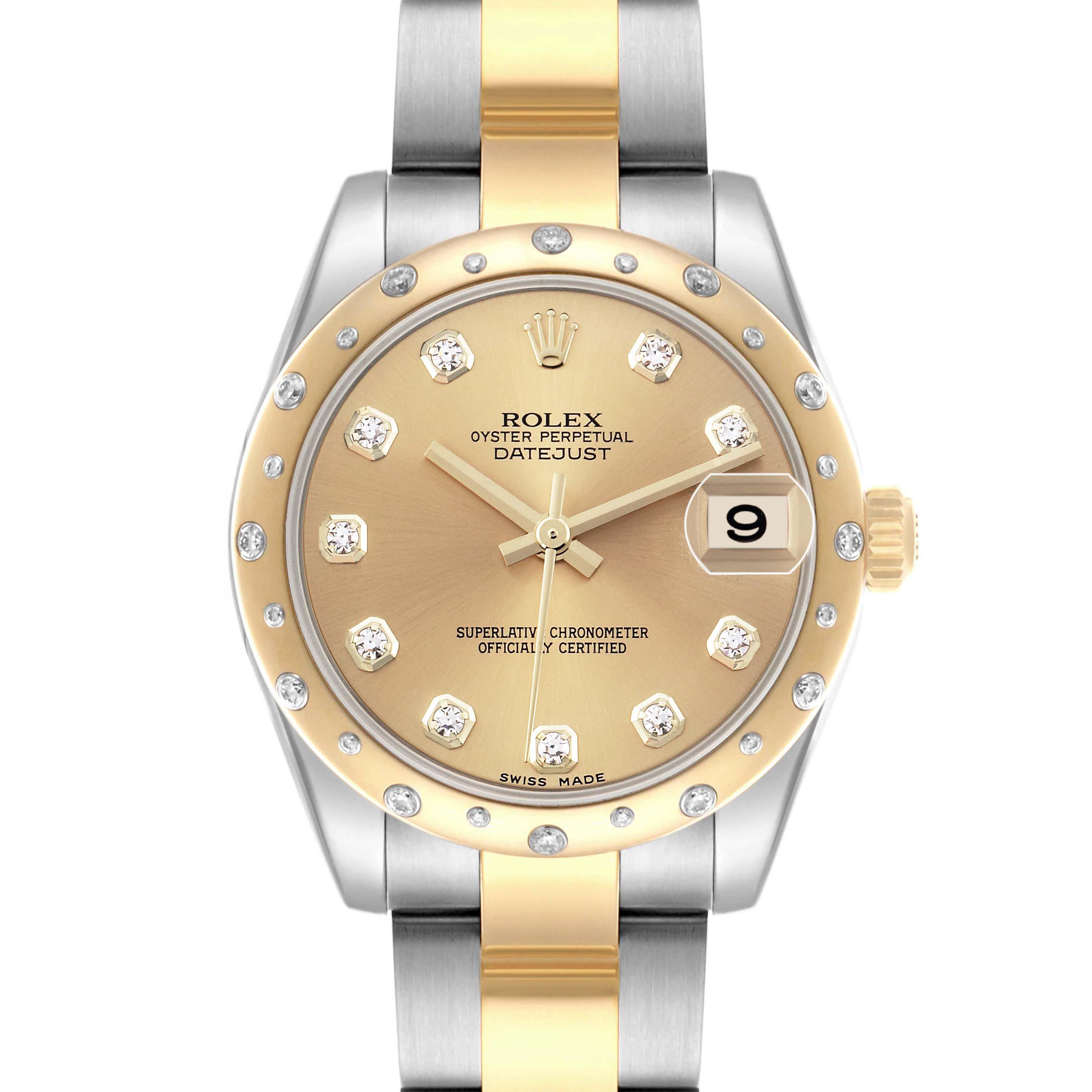 The Rolex Datejust Mid-Size watch is shown from a front angle, highlighting the dial, bezel, and part of the bracelet.